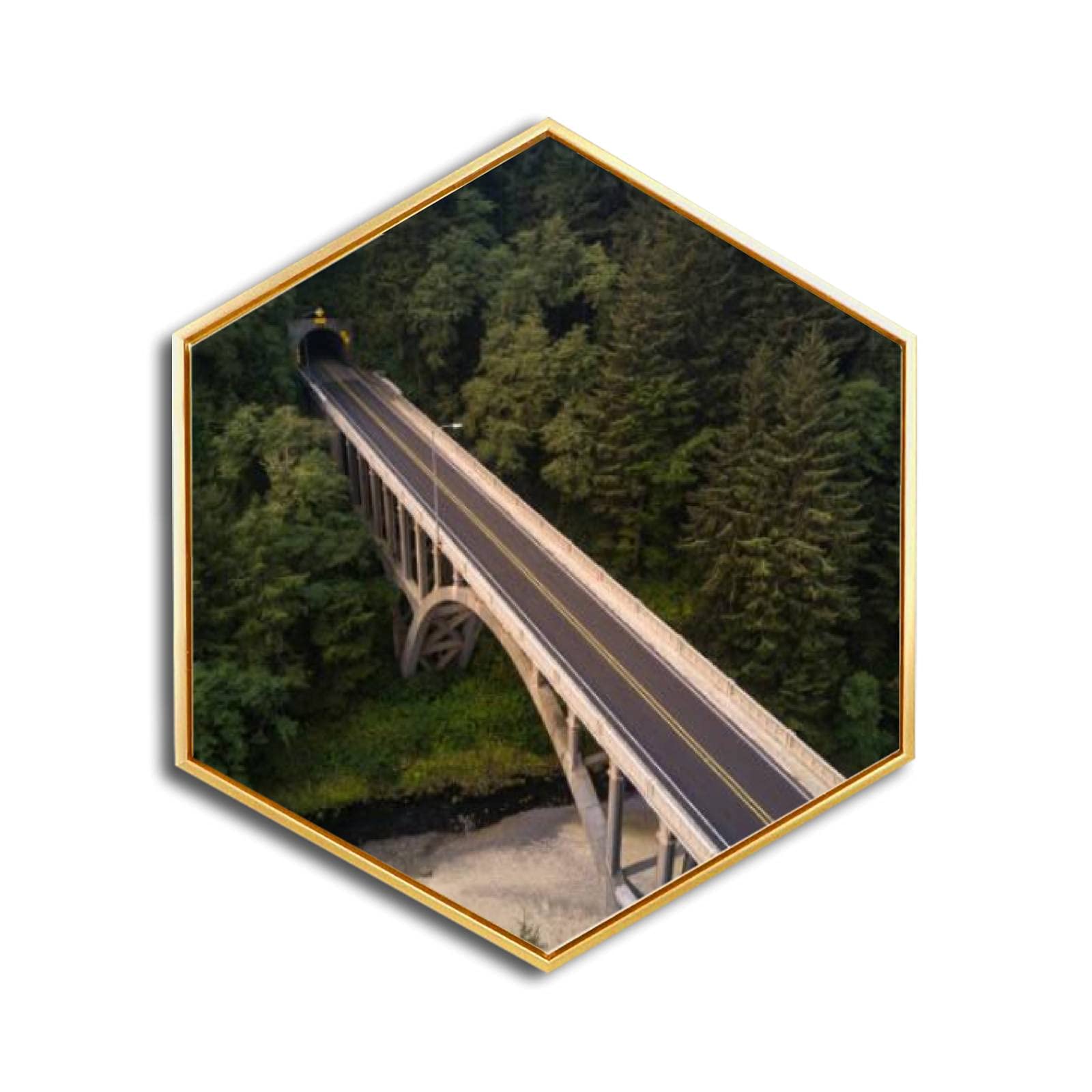 Premium Canvas Wall Art - Cape Creek Bridge Oregon Aerial Photography with Golden Frame | Giclee Print Modern Home & Office Decor | Hexagon Minimalist Wall Hanging for Living Room, Bedroom, Study