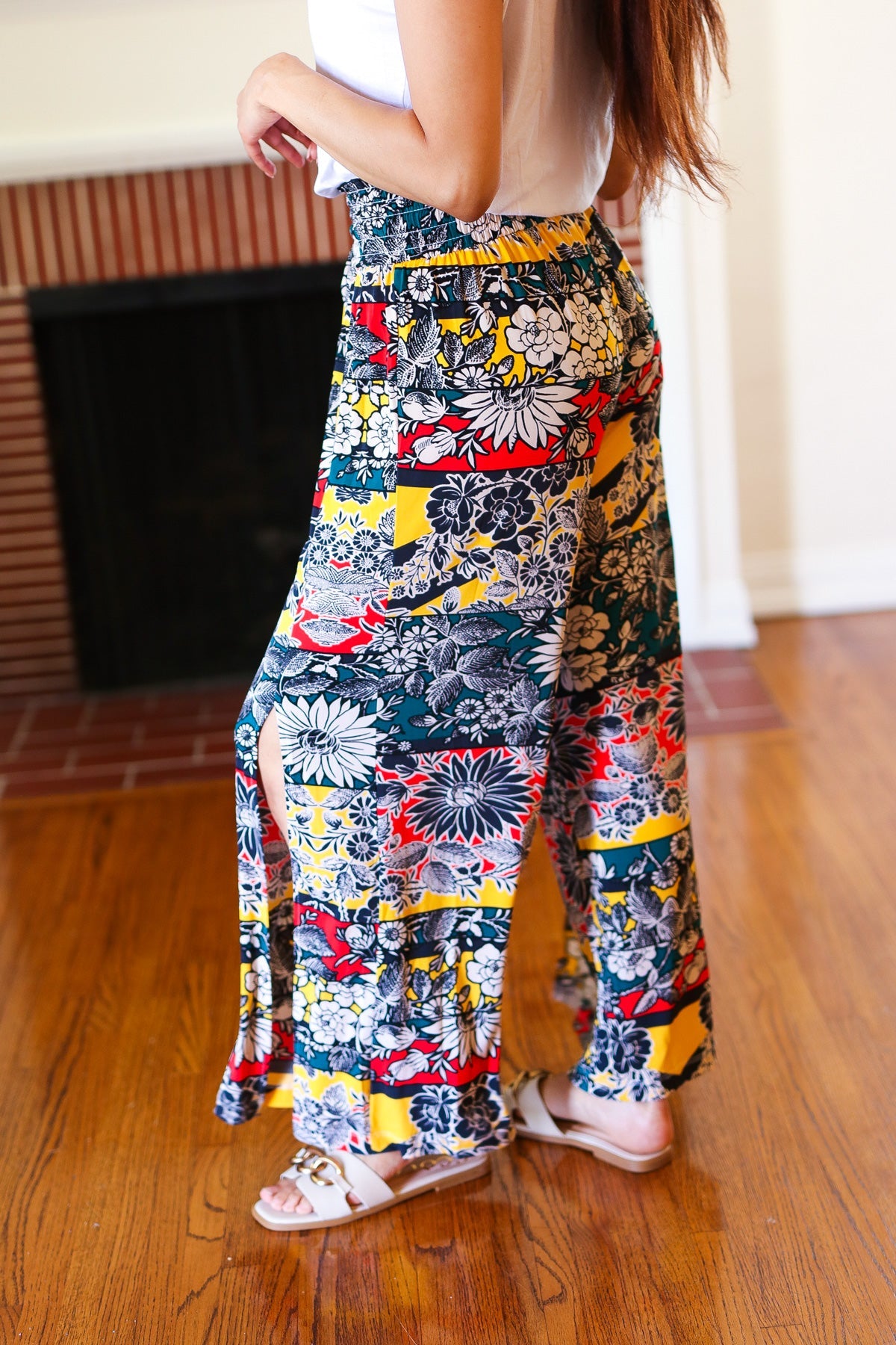 Vacay Vibes Teal Floral Smocked Waist Palazzo Pants with Side Slit - Boho Chic Beachwear for Women, Perfect for Vacation, Summer Outfits & Casual Wear