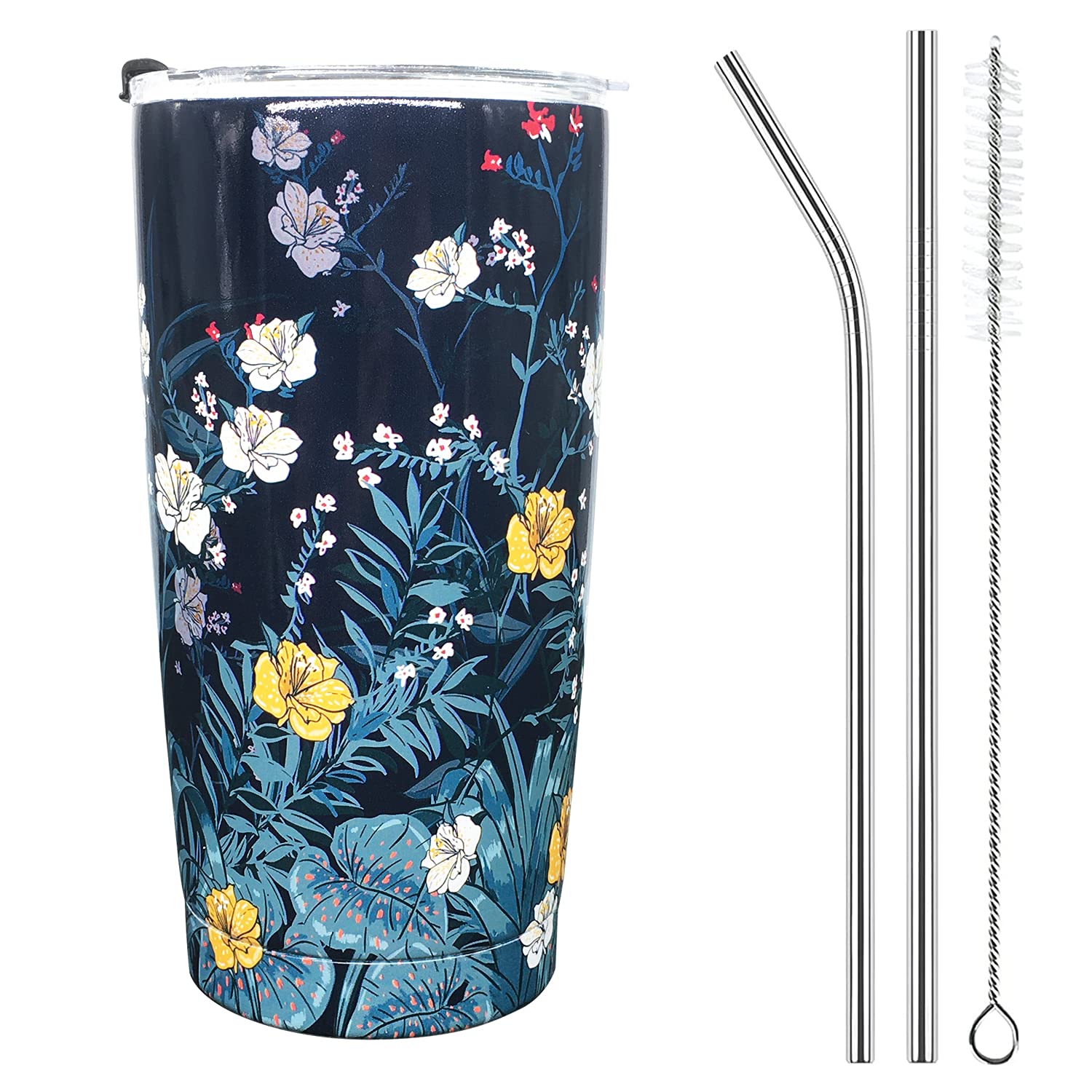 Sanfulin 20oz Insulated Stainless Steel Tumbler with Lid & 2 Straws - Double Wall Vacuum Coffee Cup - Floral Design Travel Mug for Hot & Cold Drinks - Perfect for Office, Gym, Camping & Outdoor Activities