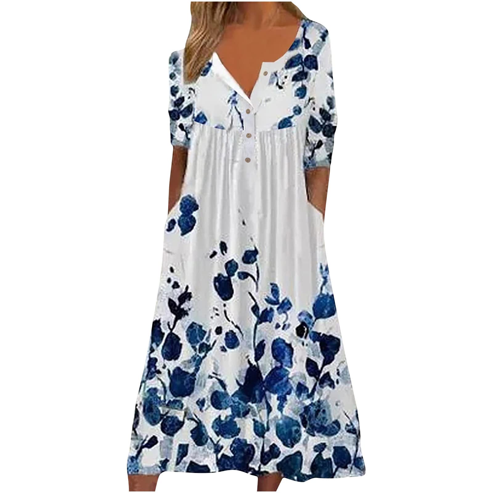 Women's Floral Summer Maxi Dress - Short Sleeve, V-Neck, Ruched with Pockets | Casual Loose Fit Button Dress for Beach, Vacation & Outdoor Parties