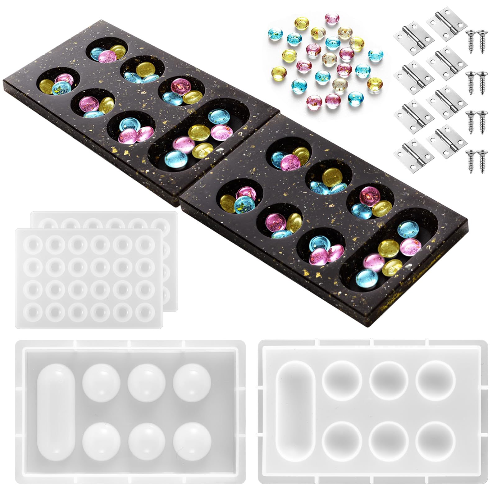 Premium Mancala Board Game Silicone Mold Set - DIY Epoxy Resin Casting Kit with 2 Mancala Stone Molds & 4 Metal Accessories - Perfect for Family Game Nights, DIY Crafts, and Unique Gift Making (Handmade Board Games, Birthday Presents, Party Activities)