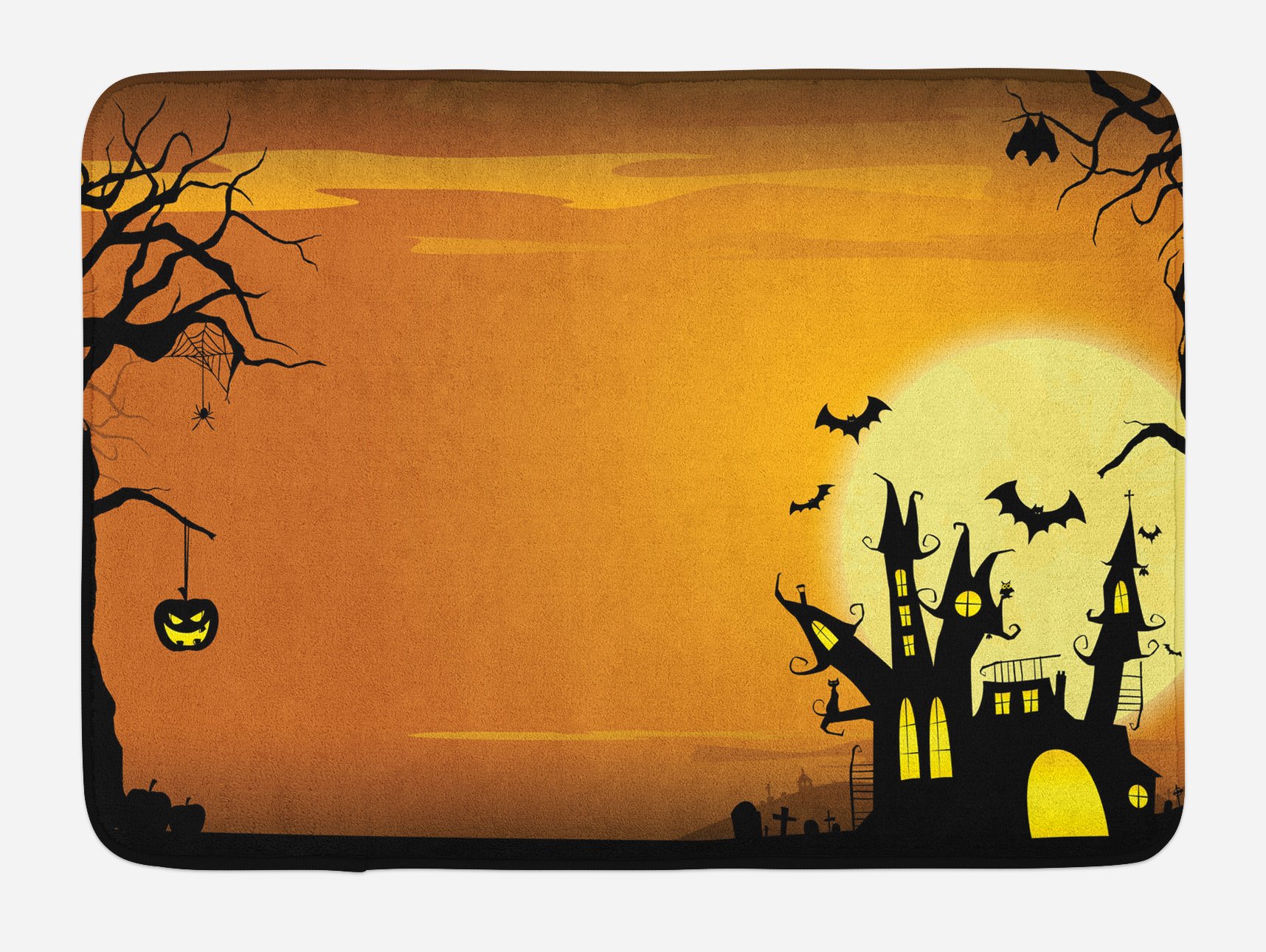 Ambesonne Halloween Bath Mat - Gothic Haunted House Design with Bats & Pumpkins, Non-Slip Plush Bathroom Rug, 30.2 x 20 Inches, Orange & Black - Perfect for Spooky Bathroom Decor, Halloween Party Setup & Gothic Home Accessories