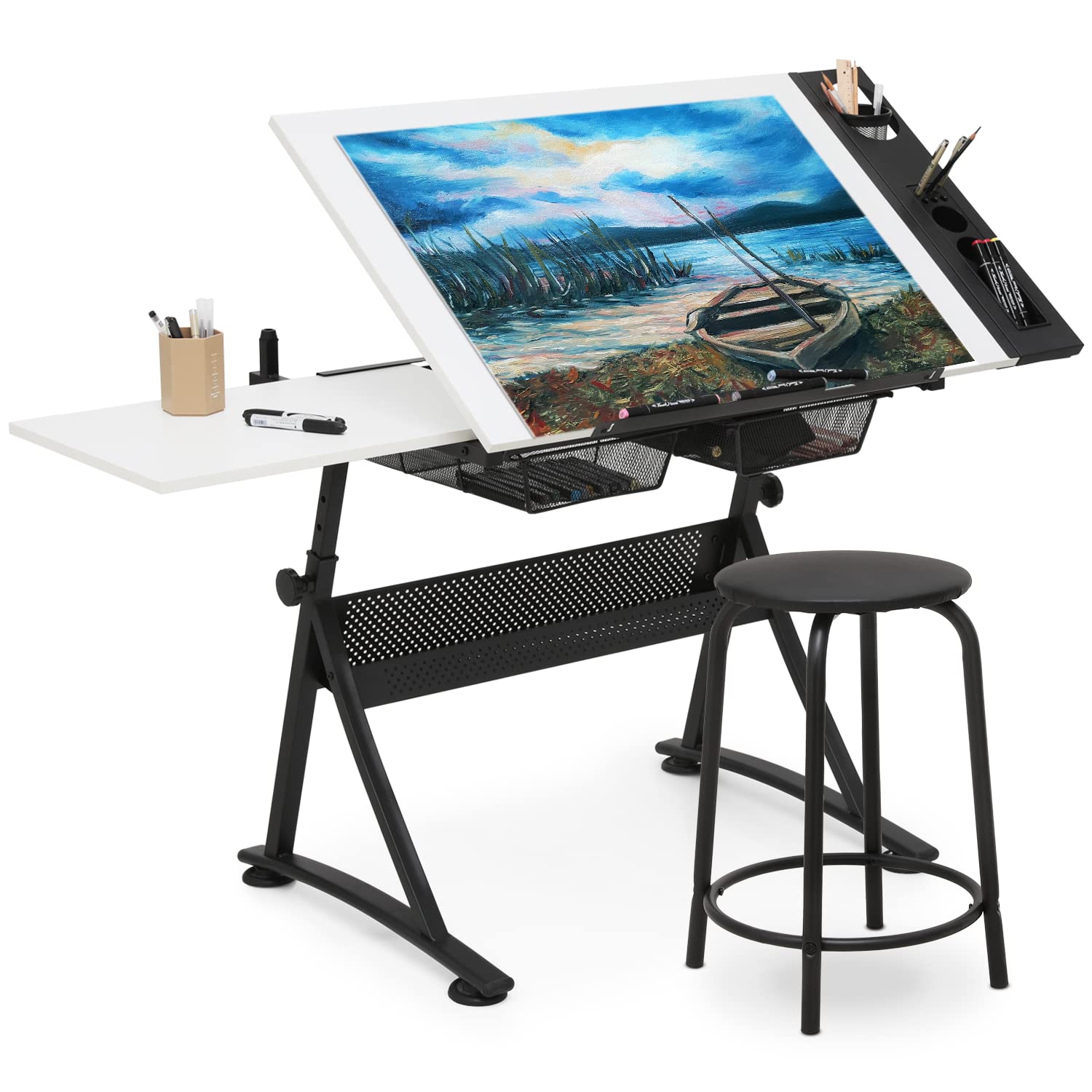 MoNiBloom Art Deco Drafting Table - Adjustable Height & Tiltable Tabletop with Stool - Perfect for Drawing, Writing & Homeschooling - Includes 2 Storage Drawers - Ideal for Artists, Students & Home Office Workspaces