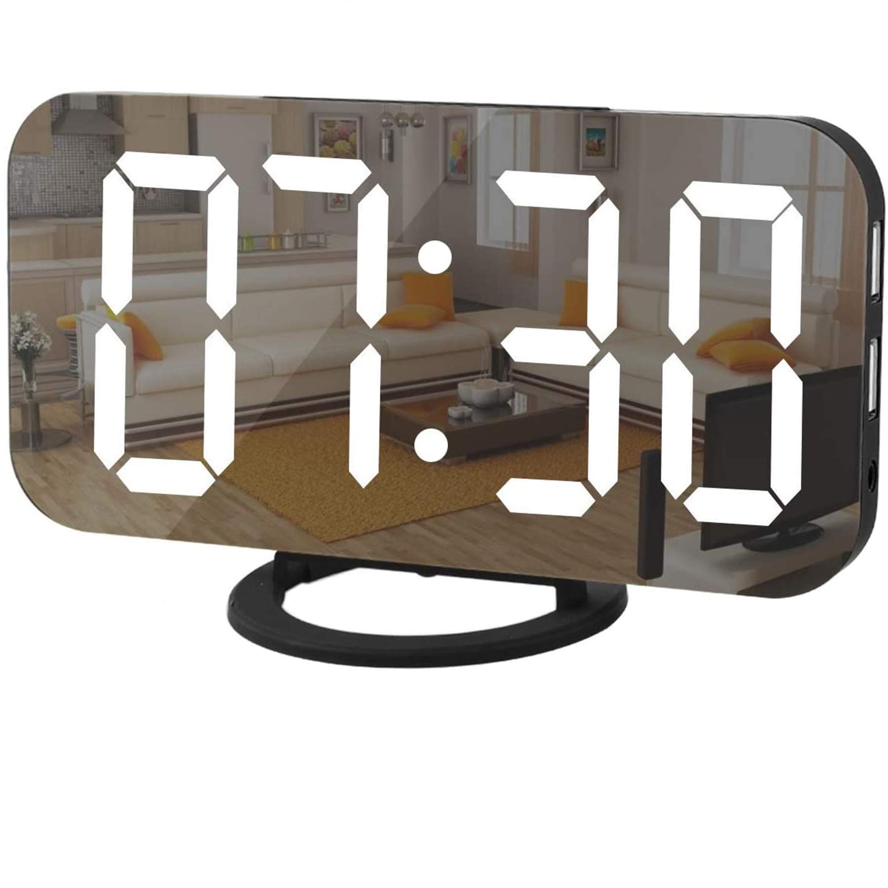 SZELAM Large Digital LED Alarm Clock with Mirror Surface - 3-Level Brightness, Dimming Mode & Dual USB Ports - Perfect for Bedroom, Home Decor, Makeup Vanity & Nightstand (Black)