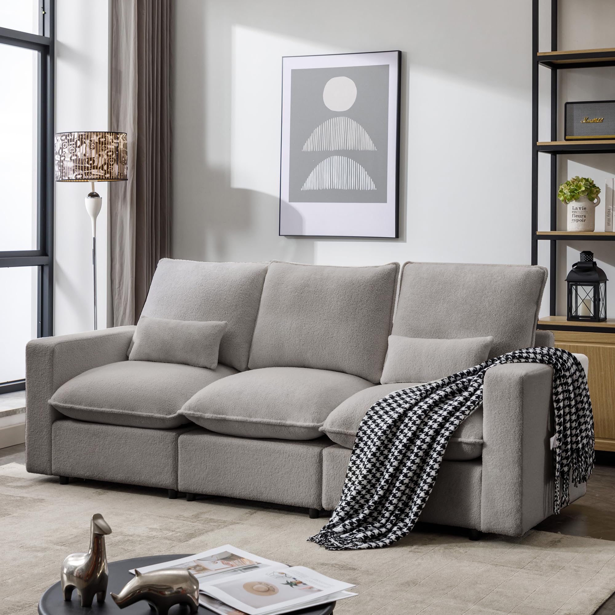 P PURLOVE Modern 3-Seat Sofa - Teddy Fabric Couch with Removable Back, Seat Cushions & 2 Pillows - Upholstered Living Room Sofa for Bedroom, Office, Apartment (Grey) - Perfect for Small Spaces, Movie Nights & Relaxing