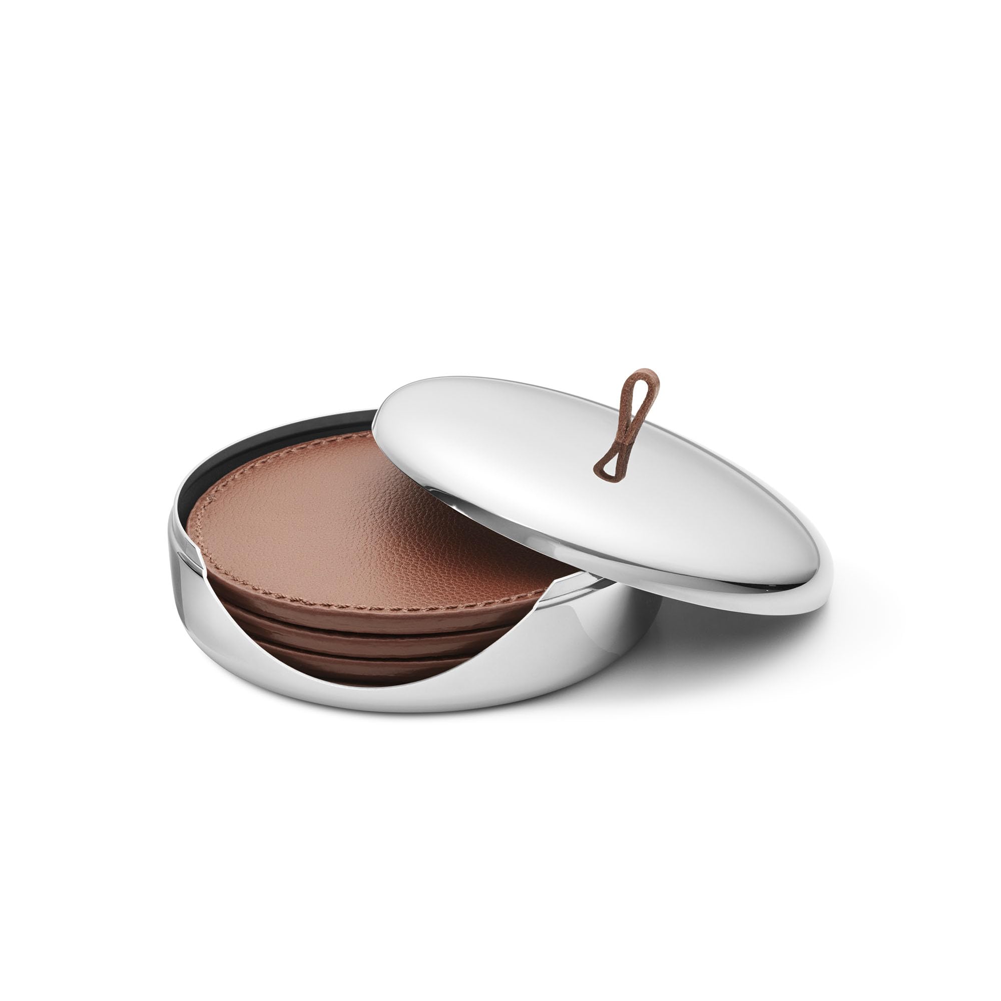 Georg Jensen SKY Collection Coaster Set - 4 Premium Leather Coasters in Stainless Steel Case for Home & Office Decor | Elegant Drinkware for Wine, Cocktails & Coffee Parties