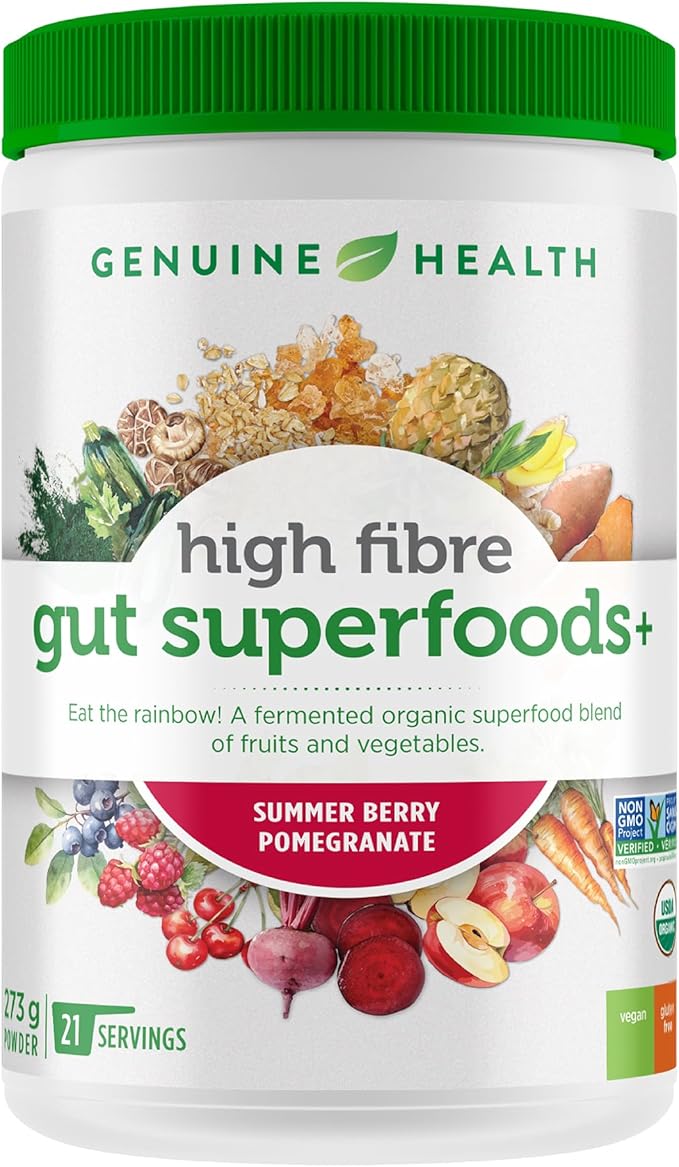 Genuine Health High Fiber Gut Superfood - Summer Berry Pomegranate Flavor (273g) | Digestive Support & Gut Health Supplement for Daily Wellness