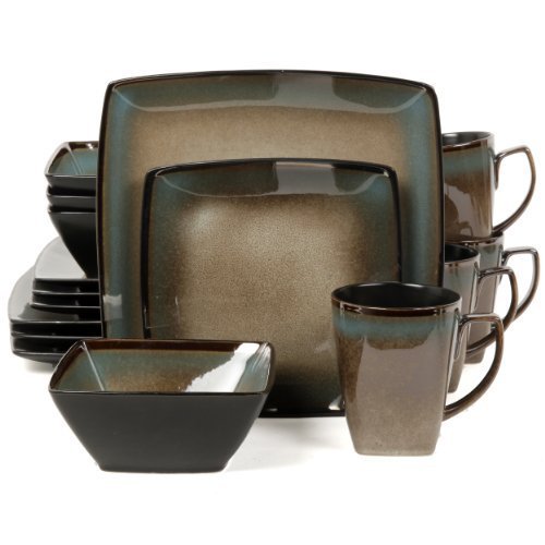 Gibson Elite Tequesta 16-Piece Square Dinnerware Set in Taupe - Modern Stoneware Plates, Bowls & Mugs for Everyday Dining, Entertaining & Restaurant Use