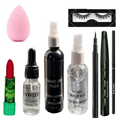 Best 9-Piece Makeup Kit with Eyelashes, Eyeliner, Mascara, Kajal, Makeup Fixer, Face Primer, Essential Oil Face Serum, Puff & Lipstick – Perfect for Professional Makeup Artists & Daily Beauty Routine