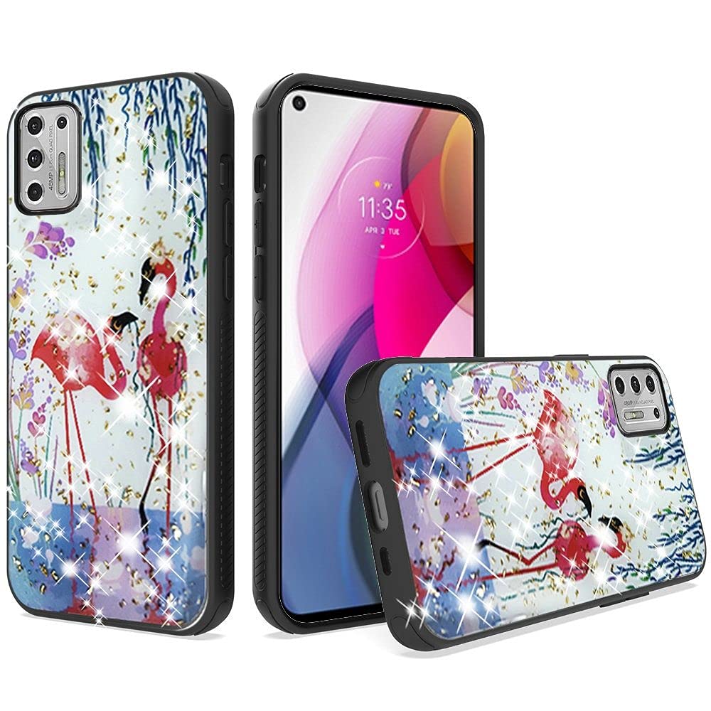 Premium Tempered Glass Screen Protector & Glitter Printed Phone Case for Motorola Moto G Stylus 2021 XT2115DL / G9 Stylus - Flamingo Design with Free Gift Stand | Durable Protection for Everyday Use, Work & Travel