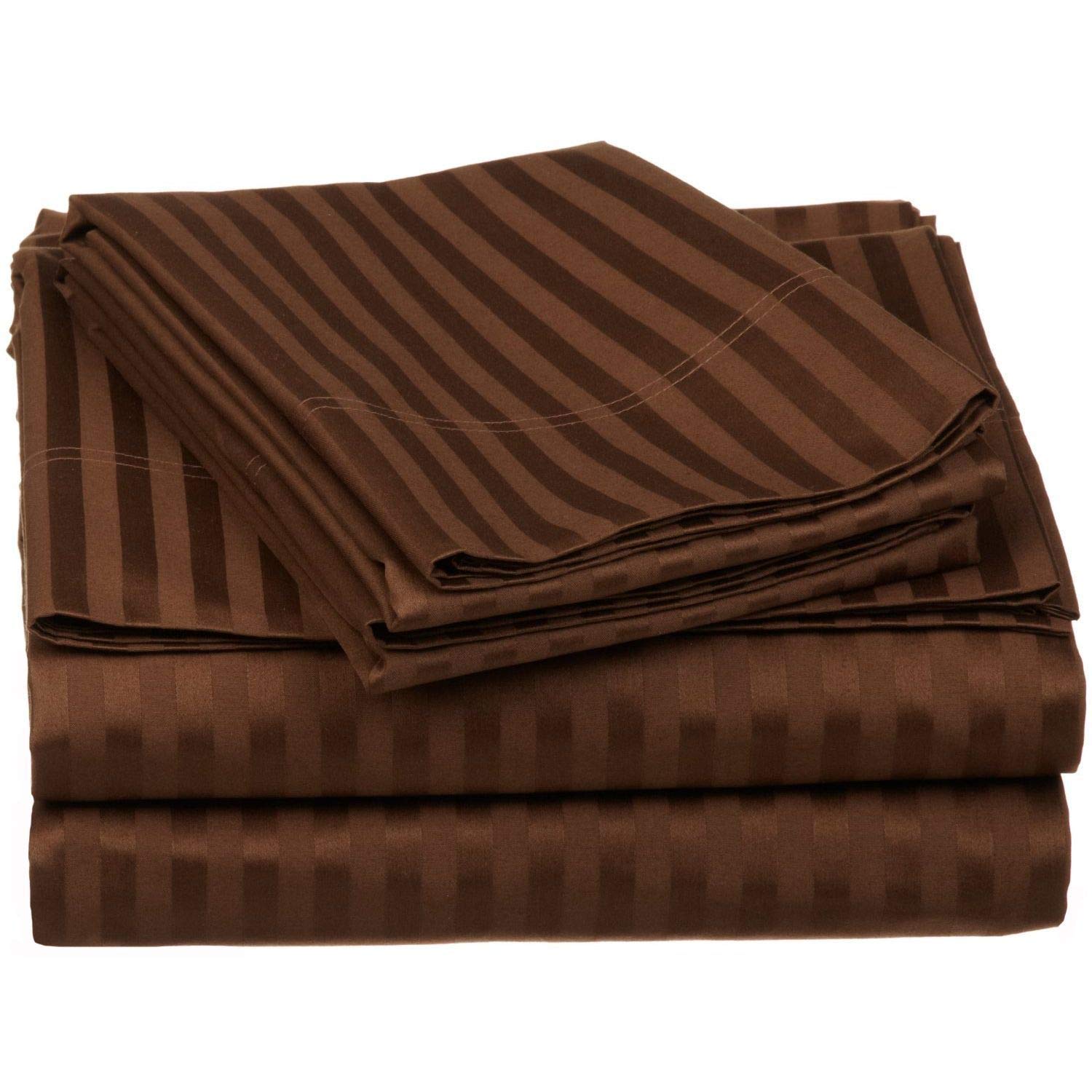 Premium 650 Thread Count Egyptian Cotton Sheet Set - Twin XL Size, Striped Chocolate Brown - Soft & Breathable for Ultimate Comfort in Bedroom & Guest Room