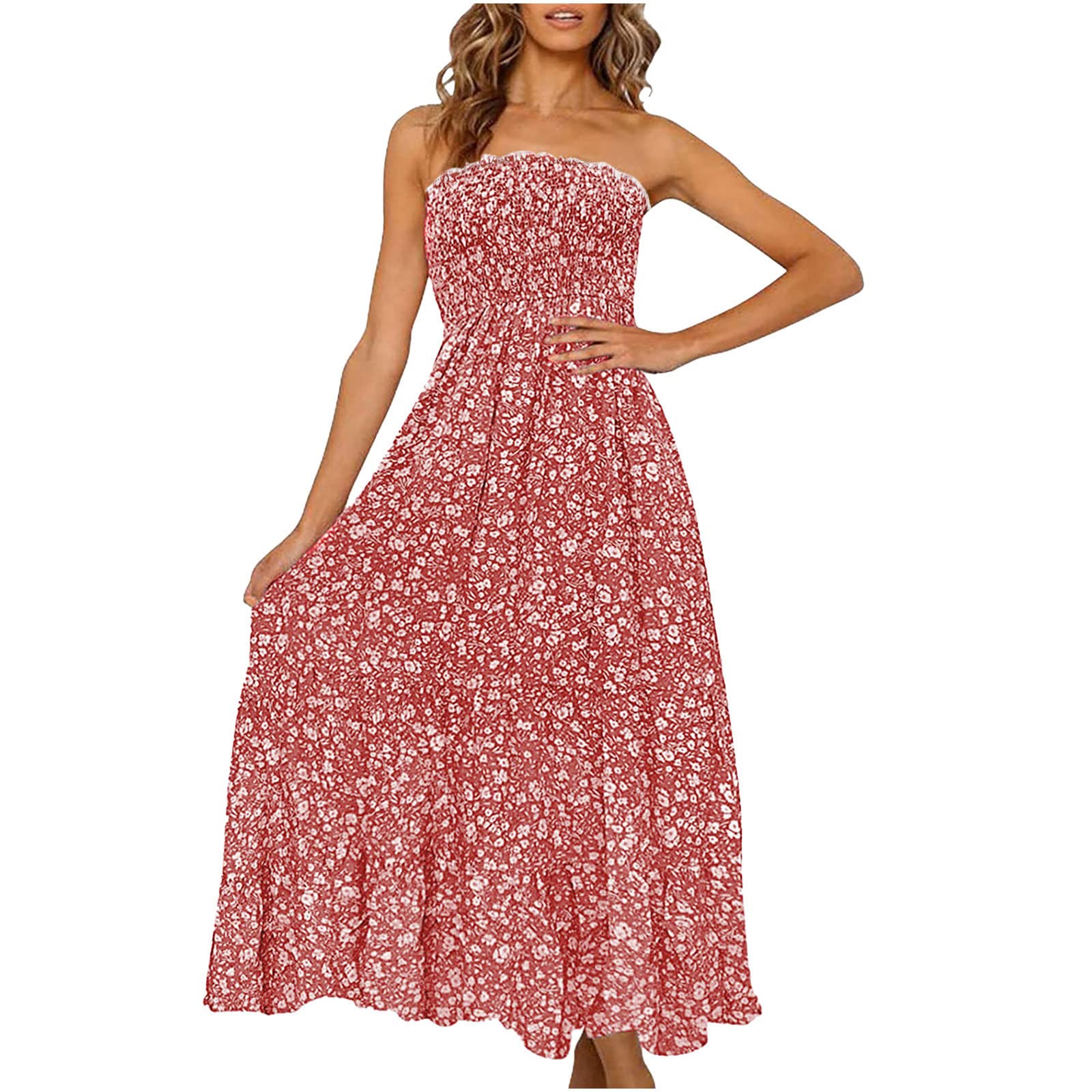 Strapless Boho Floral Print Tiered Swing Maxi Dress for Women - Flowy Summer Beach Long Dress for Vacations, Parties & Outdoor Events