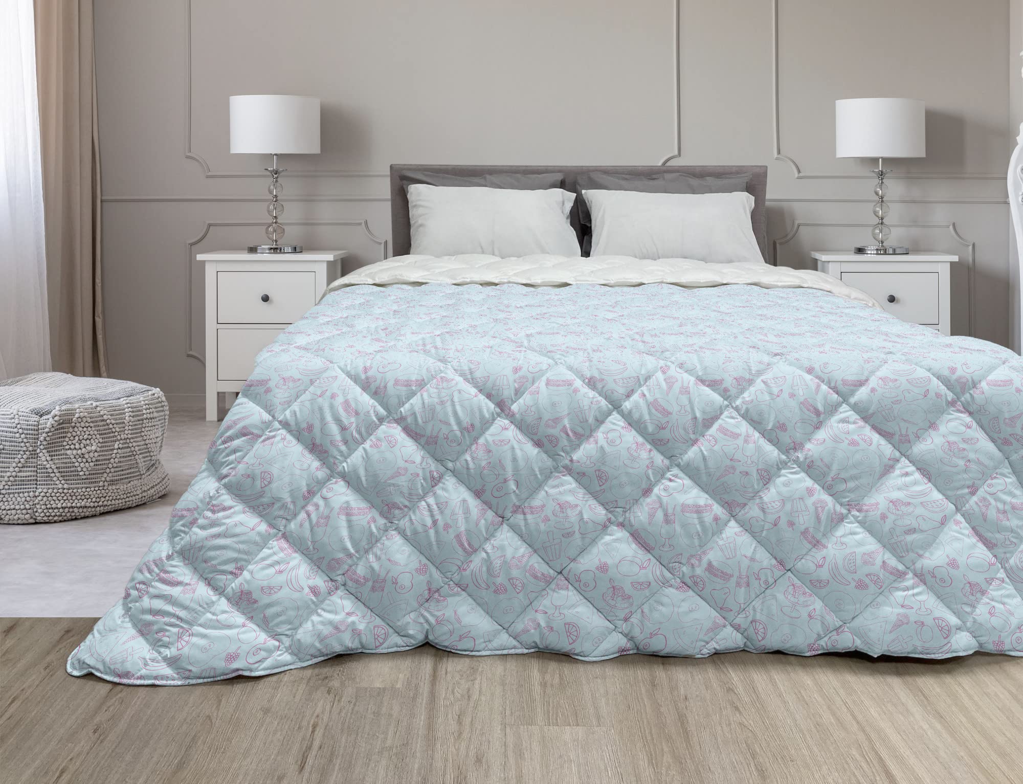 Ambesonne Food Art Down Alternative Comforter - Line Art Snacks & Fruits Pattern (Hamburger, Banana, Apples, Donuts, Popsicles) | Microfiber All-Season Quilt | Queen Size in Baby Blue & Pink | Perfect for Kids' Rooms, Dorm Decor & Fun Bedroom Themes