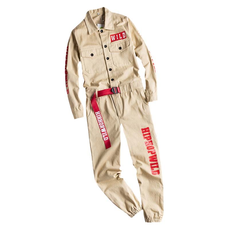 Aoleaky Men's Letter Print Long Sleeve Yellow Jogger Jumpsuit - Youth Overalls Coveralls for Work, Casual Wear & Street Fashion