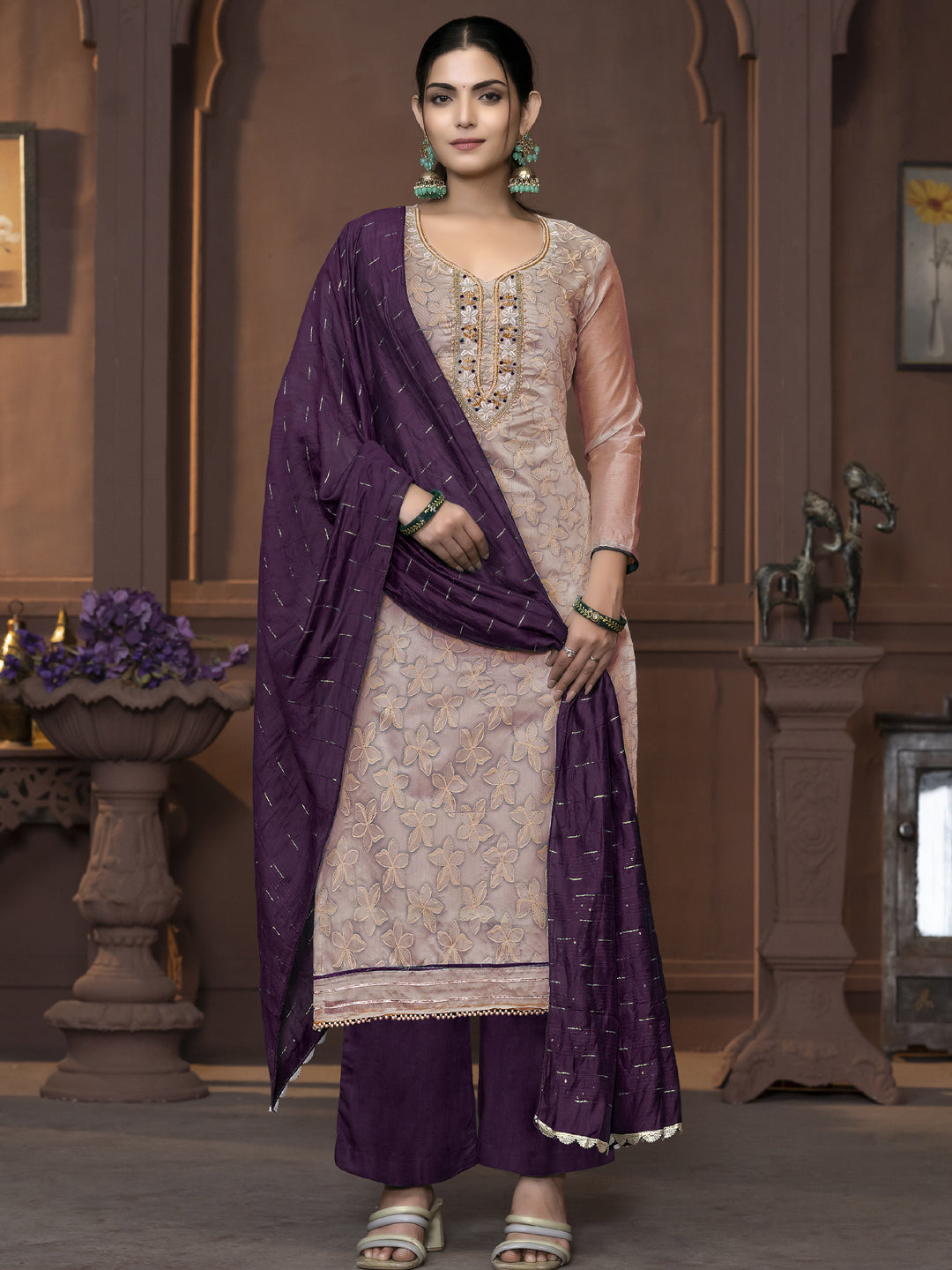 Stylish Beige Party Wear Pant Suit with Designer Print & Hand Embroidery | Elegant Women's Formal Outfit for Weddings, Cocktail Parties & Special Occasions
