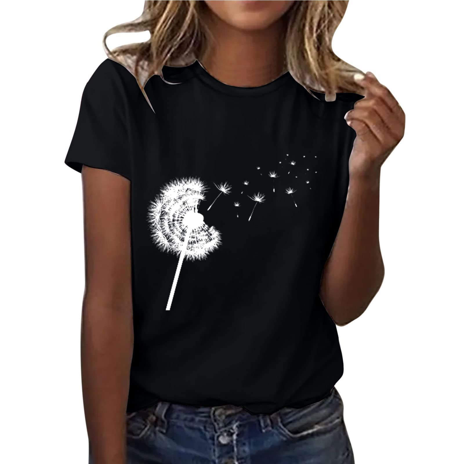 Women's Casual Short Sleeve Crew Neck T-Shirt - Solid Color Basic Tee with Dandelion Graphic, Loose Fit Cute Top for Everyday Wear | Perfect for Outings, Dates, and Casual Office Outfits