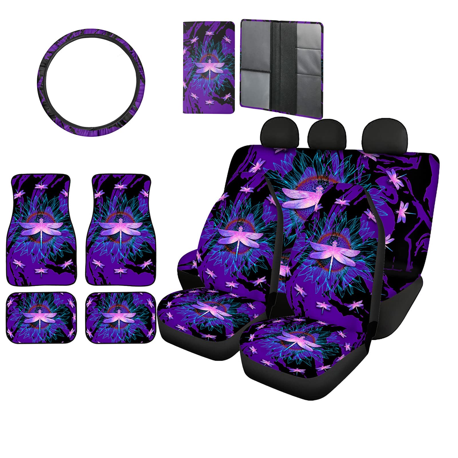 Veniyate Dragonfly Mandala Style 10-Piece Car Accessories Set - Universal Fit Seat Covers, Steering Wheel Cover, Floor Mats & Registration Holder for Cars, SUVs, Trucks | Perfect for Road Trips & Daily Commutes