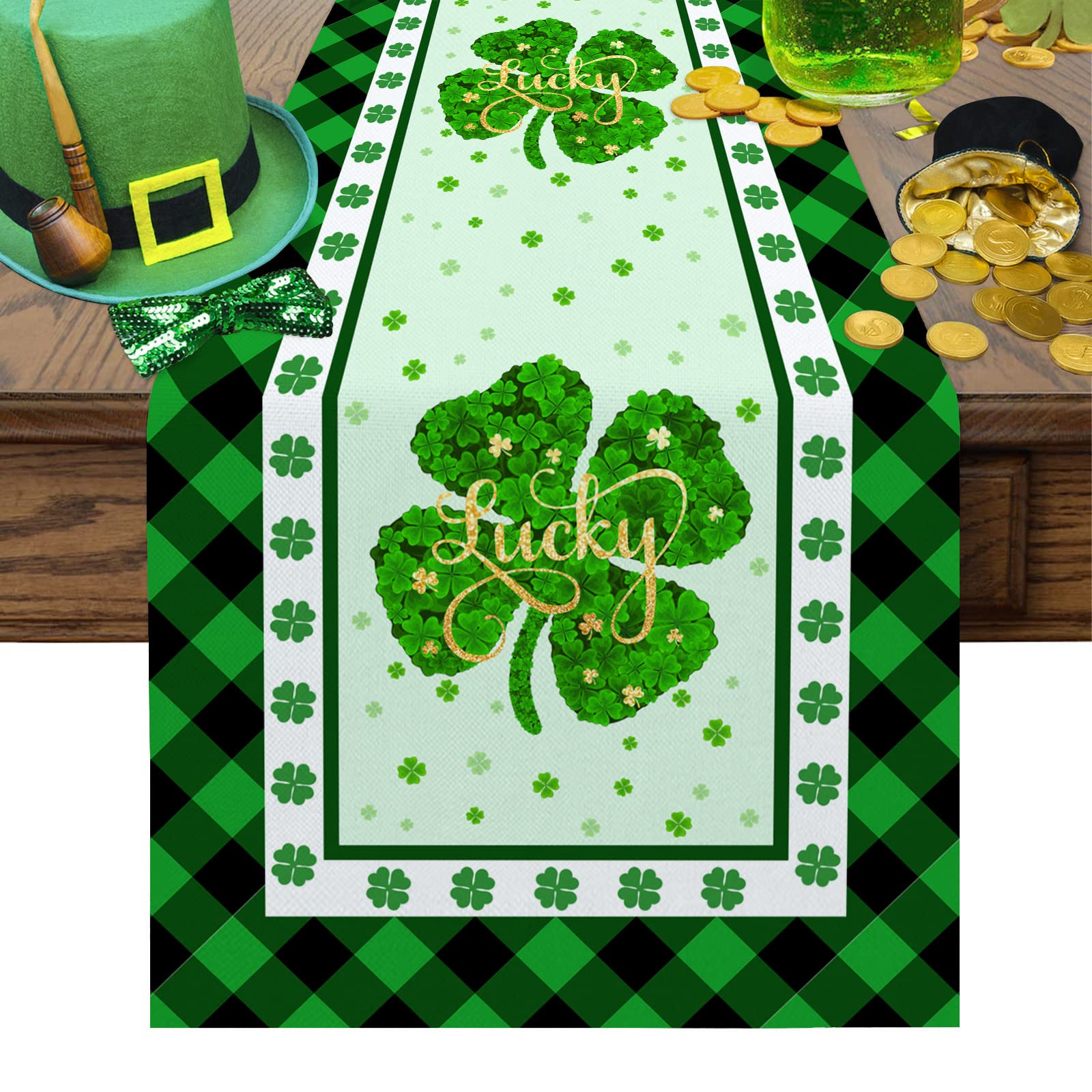 ZEREAA St. Patrick's Day Table Runner - 72 Inch Green Buffalo Plaid Shamrock Tablecloth for Dining Room Decor, Lucky Irish Party Decorations, Holiday Home Decorative Runner (13x72 Inches) - Perfect for St. Patrick's Day Celebrations, Irish Themed Parties & Festive Dining Table Settings