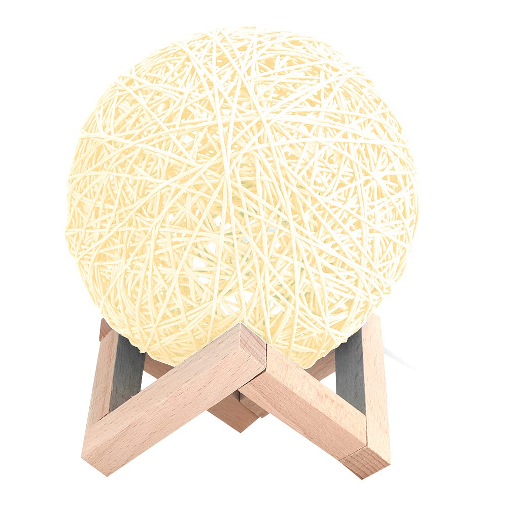 CHICIRIS LED Sepak Takraw Night Light - USB Powered Solid Wood & Linen Table Lamp, Bedside Lamp with Bracket - Warm Beige Decorative Lighting for Living Room, Bedroom & Home Decor