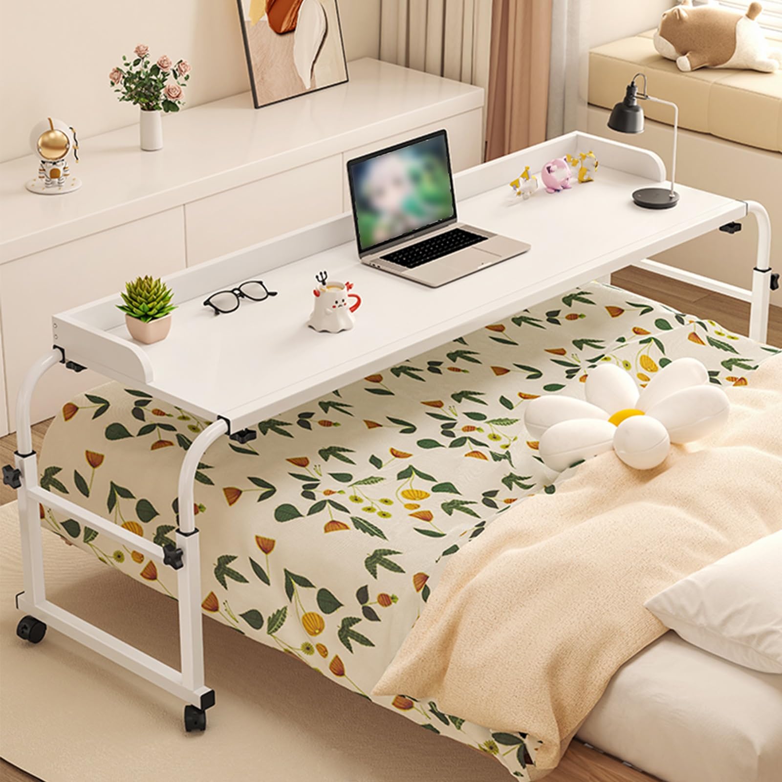 Adjustable Overbed Table with Wheels - Portable Laptop Desk for Home Office, Hospital & Bedside Use - White Rolling Computer Workstation (100x45cm, Height 60-95cm) - Perfect for Working, Eating & Reading in Bed