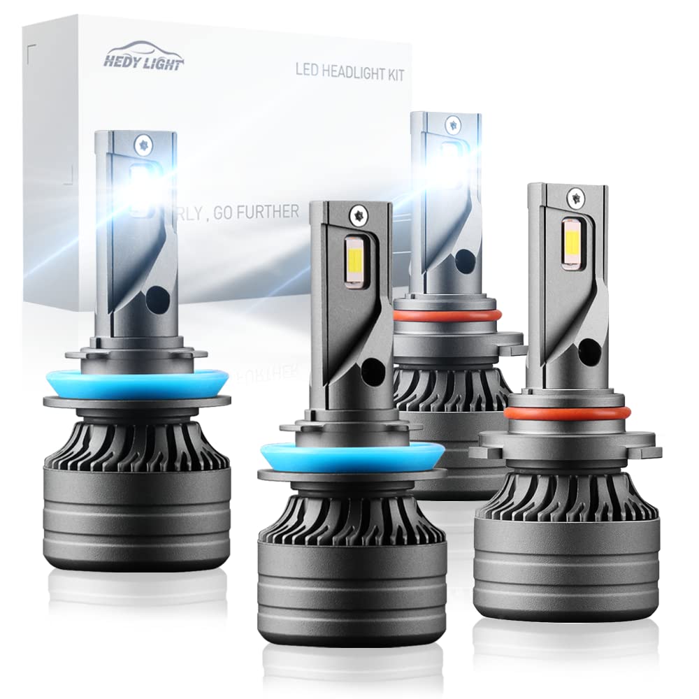 HEDY LIGHT 9005/HB3 High Beam & H11/H9/H8 Low Beam LED Headlight Bulbs Combo - 6000K Cool White, 120W 24000LM Super Bright, IP67 Waterproof, Plug-and-Play - Perfect for Cars, Trucks, SUVs, Off-Road Vehicles (Pack of 4)