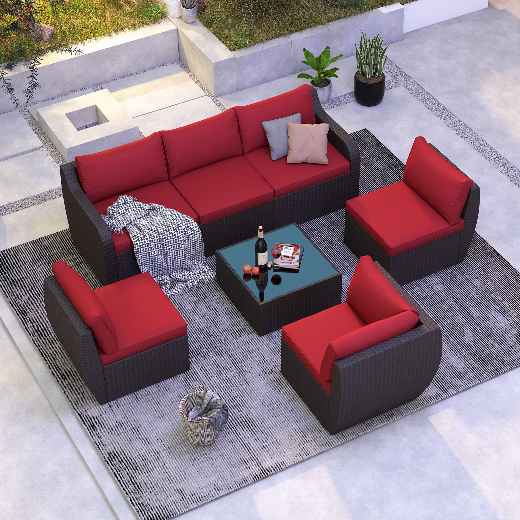 7-Piece All-Weather Rattan Patio Furniture Set with Tempered Glass Table & Ergonomic Armrests - Outdoor Dining Set for Backyard, Poolside, Garden, Deck (Burgundy Red) - Perfect for Summer BBQs, Pool Parties & Relaxing Outdoors