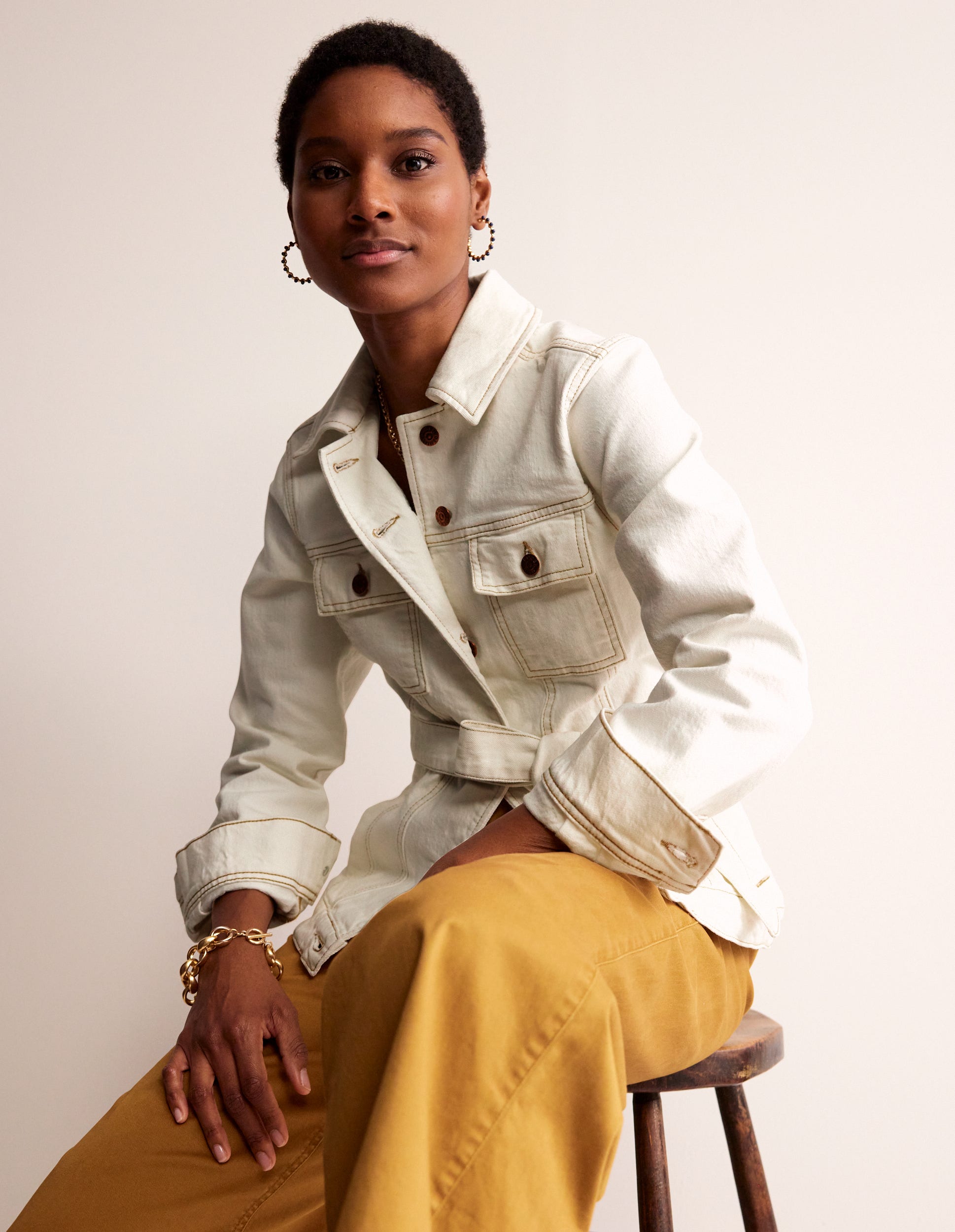 Stylish Belted Denim Jacket for Women - Light Ecru Wash - Perfect for Casual Outfits & Layering in Fall & Spring