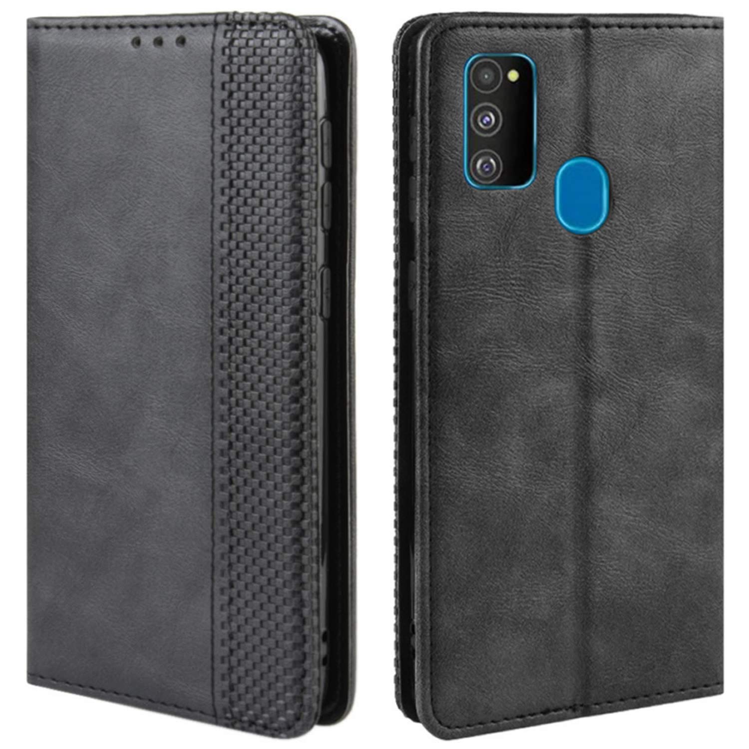 Premium Retro PU Leather Magnetic Flip Wallet Case for Samsung Galaxy M30s & M21 - Shockproof Full Body Protection with Card Holder (Black) | Perfect for Daily Use, Travel & Business Meetings