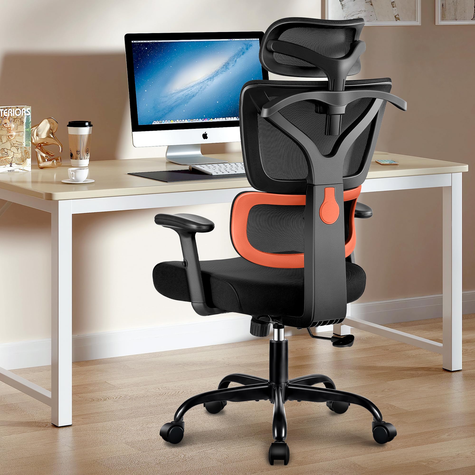 Ergonomic High Back Office Desk Chair - Reclining Gaming Chair with Breathable Mesh, Adjustable Lumbar Support & Armrests for Big and Tall Users (Orange) - Perfect for Home Office, Gaming & Workspaces