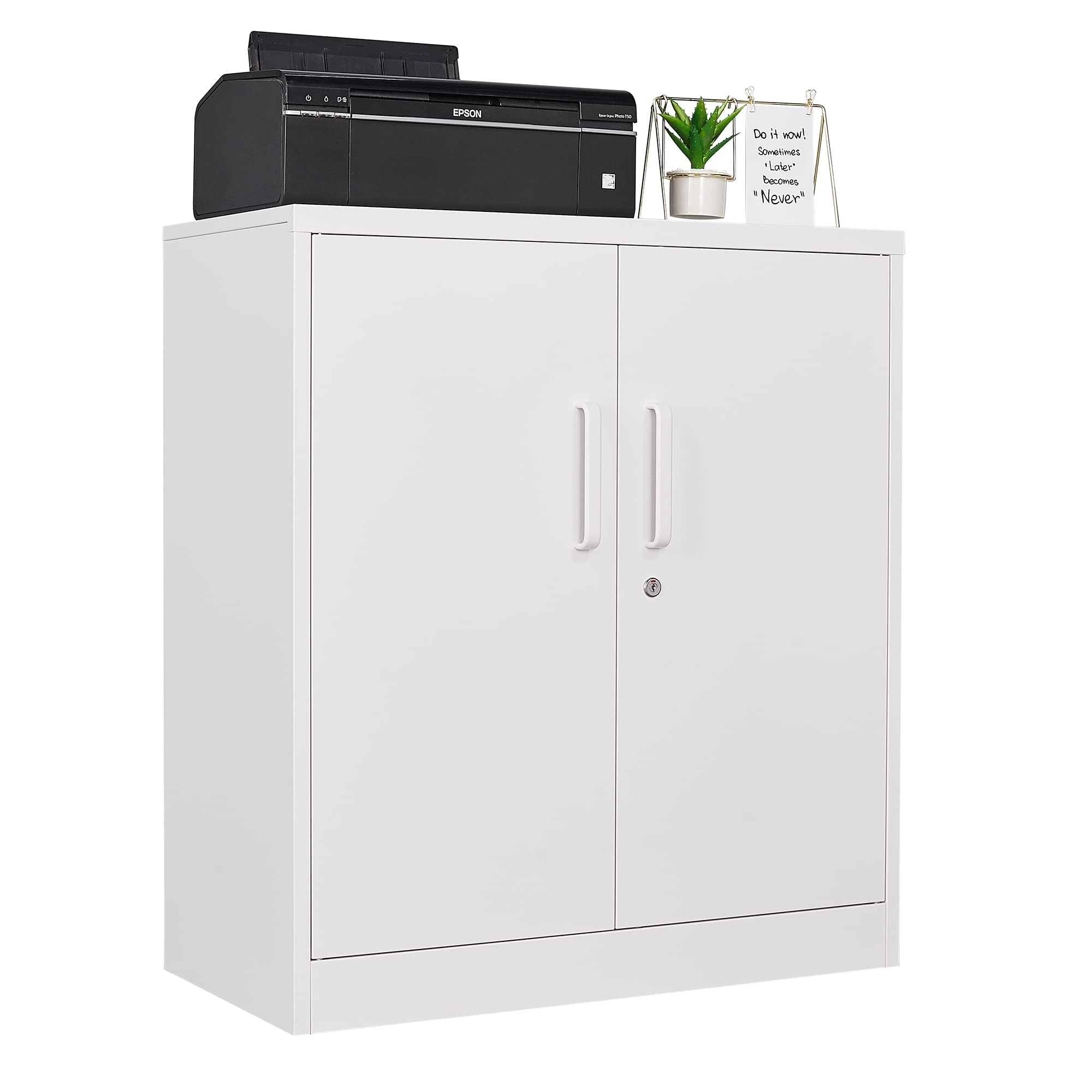 STANI Metal Storage Cabinet with 2 Adjustable Shelves - Steel Lockable Office Cabinet for Home, Kitchen, or Garage Organization (White) - Perfect for Storing Files, Tools, and Supplies