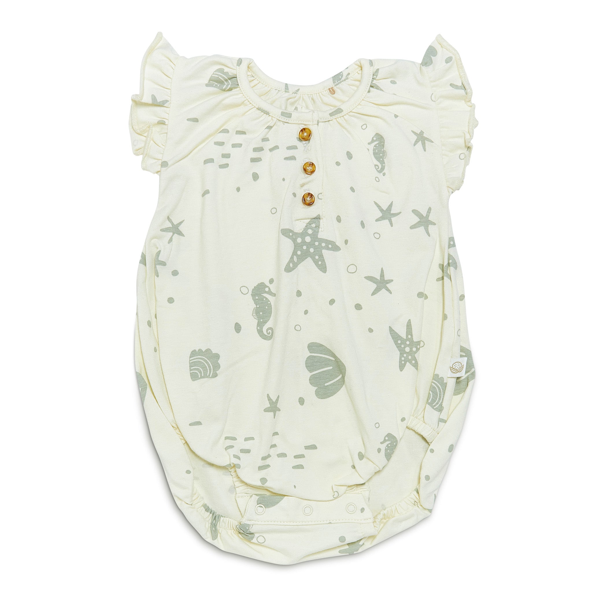 Organic Flutter Sleeve Button Romper for Baby Girls - Soft Cotton Sugar Cookie Color - Perfect for Photoshoots, Playdates & Special Occasions