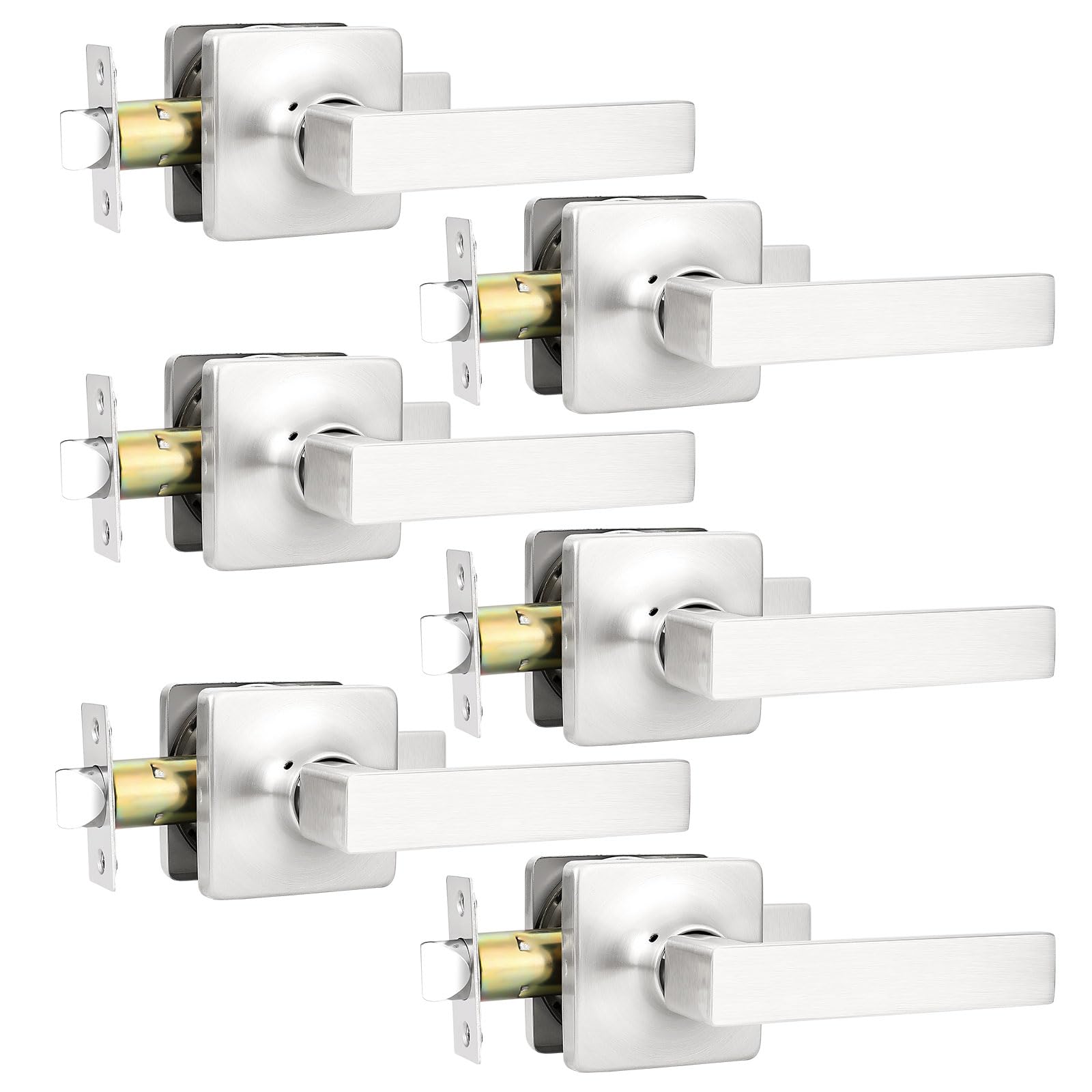 GobeKOR 6 Pack Brushed Nickel Square Interior Door Handles - Keyless Passage Lever Set for Bedroom, Closet & Office Doors (Straight Design)