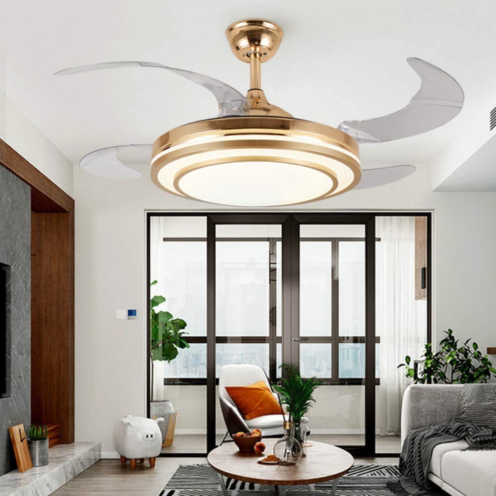 42 Inch Smart Ceiling Fan with Remote Control - 3 Speed Reversible Invisible Blades, Dimmable LED Light Chandelier for Living Room & Bedroom - Modern Gold Home Electric Fan for Cooling & Decoration