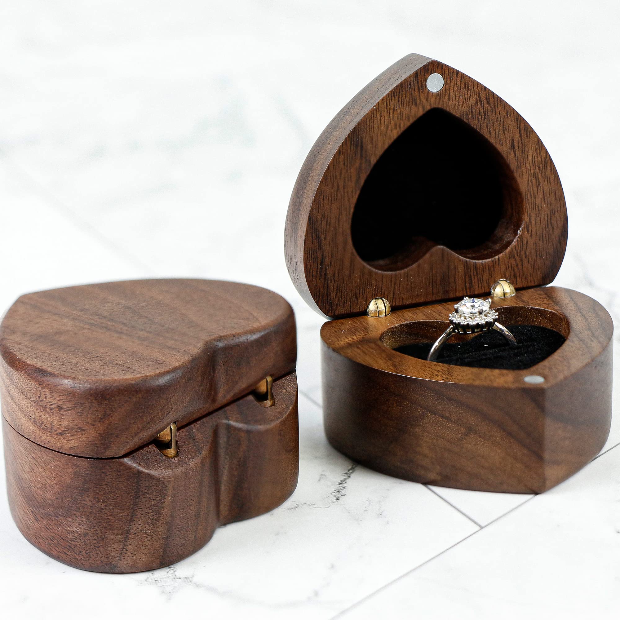 Heart-Shaped Wooden Ring Box with Velvet Interior - Handmade Jewelry Presentation Box for Engagement, Wedding, Proposal - Perfect Jewelry Organizer for Rings, Earrings & Coins - Ideal Gift for Birthday, Anniversary & Special Occasions