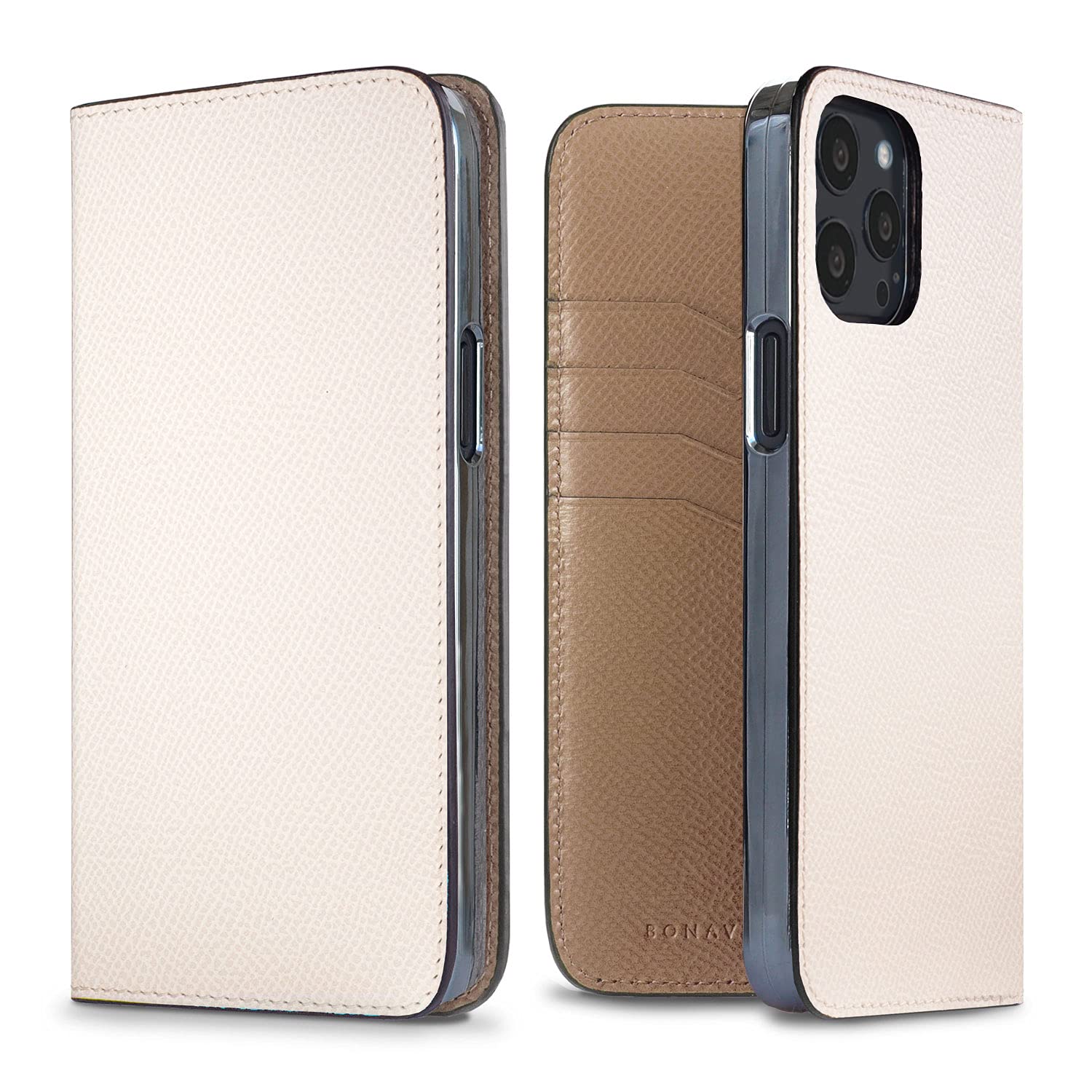 BONAVENTURA Noblessa Diary Luxury Leather Smartphone Case for iPhone 13 Pro Max - Slim Protective Cover with Card Slot (White & Etoupe) | Perfect for Business Professionals & Daily Use