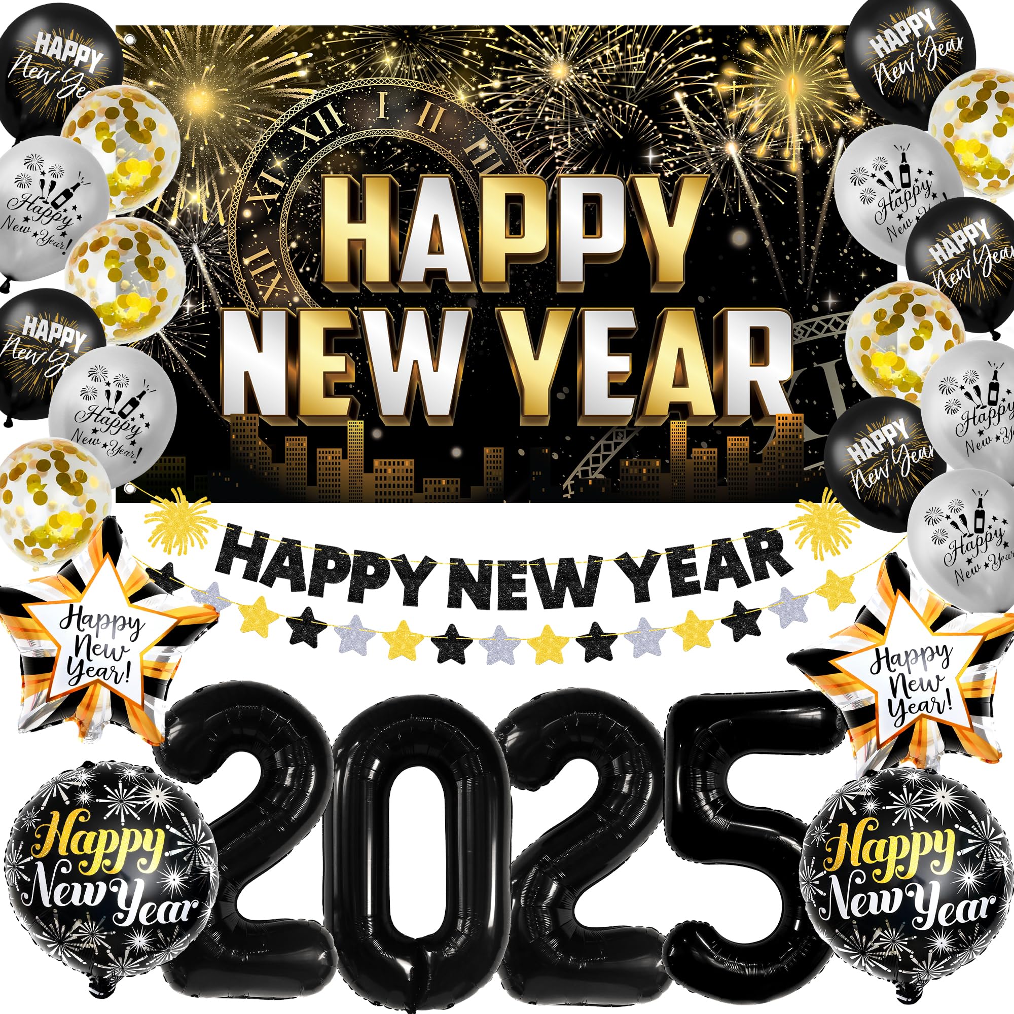 KatchOn 2025 New Year's Eve Party Decorations Set - 25-Piece Black & Gold NYE Party Supplies with Banner, Balloon Numbers & Foil Balloons | Perfect for New Year Countdown, Home & Office Celebration Decor