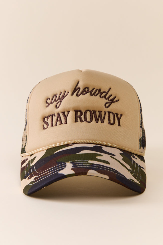 Say Howdy Camo Trucker Hat - Adjustable Mesh Back Baseball Cap for Men & Women - Perfect for Outdoor Adventures, Country Music Festivals & Hunting Trips