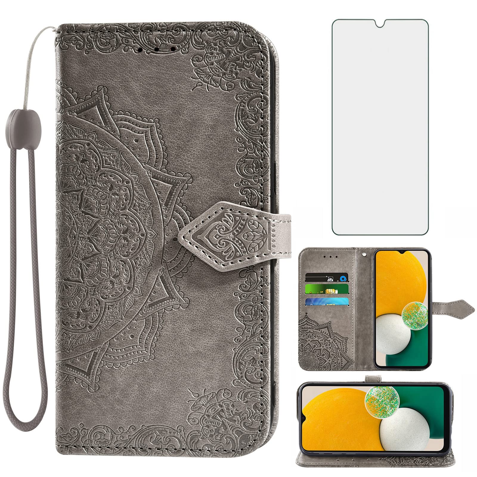 Samsung Galaxy A13 5G Wallet Case with Card Holder & Tempered Glass Screen Protector - Flip Cover Phone Case for Galaxy A13 5G (2022) SM-A136U - Women's Gray - Perfect for Work, Travel & Everyday Protection