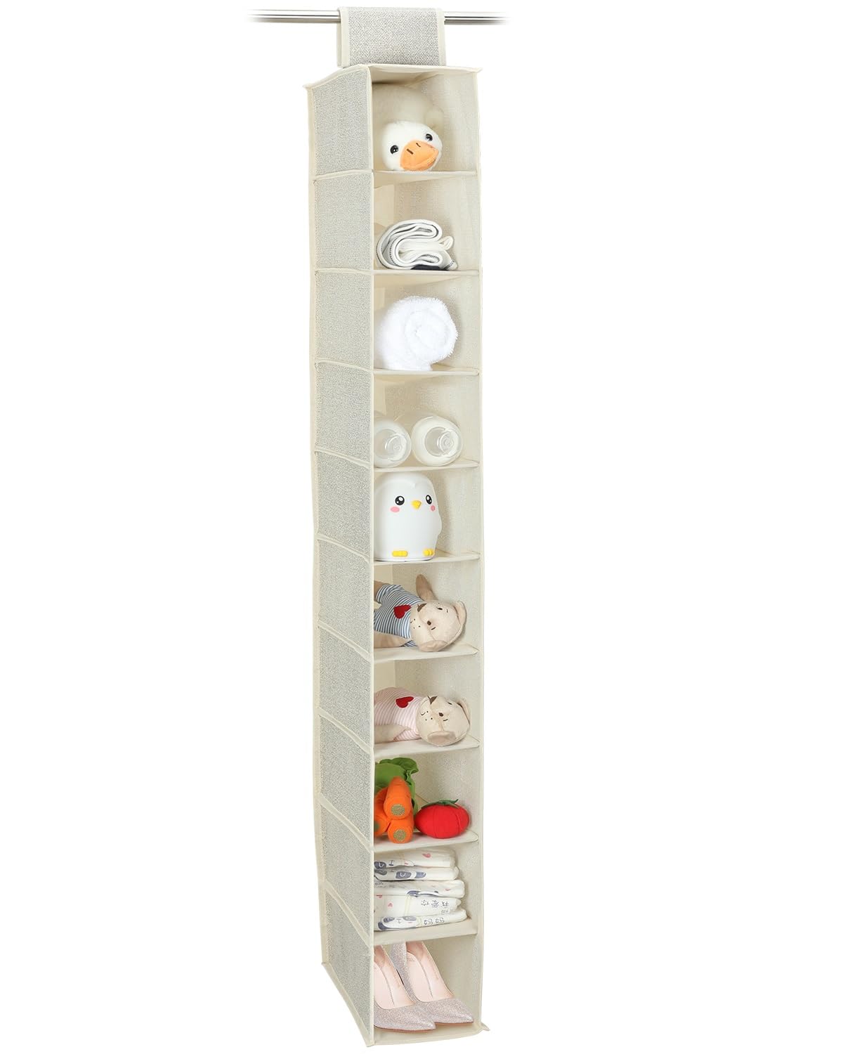 10-Tier Hanging Shoe Organizer for Closet - Foldable Storage Shelves for Shoes, Wardrobe & Baby Clothes - Space-Saving Beige Closet Organizer | Perfect for Bedroom, Nursery & Small Space Organization