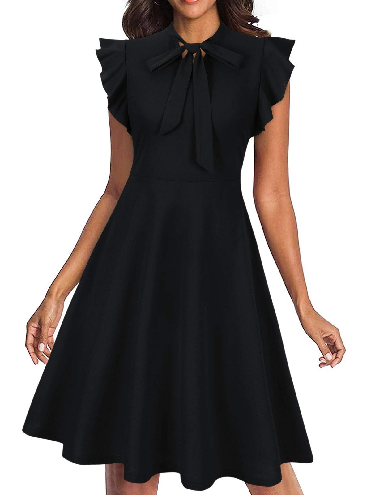 Vintage Women's Tie Neck Ruffle Sleeveless A-Line Swing Dress for Casual & Cocktail Parties | Elegant Summer Office Wear & Date Night Outfits