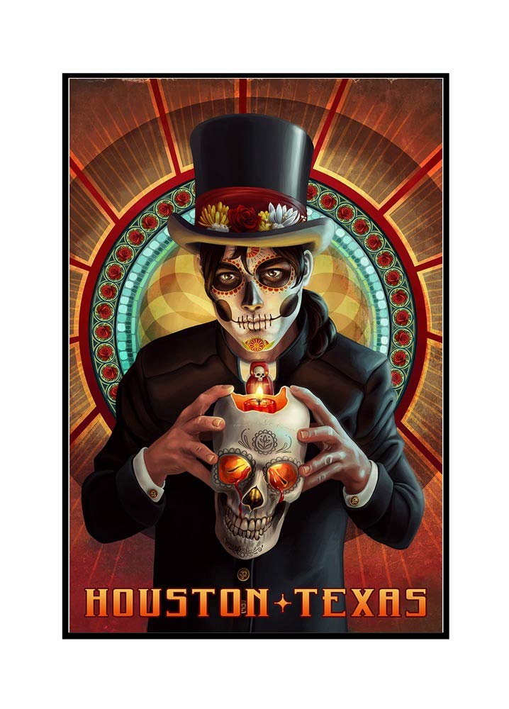 Texas Houston Day of the Dead Art - 24x36 Framed Canvas Print with Man & Candle - Mexican Folk Art Wall Decor for Home, Office, or Dia de los Muertos Celebration