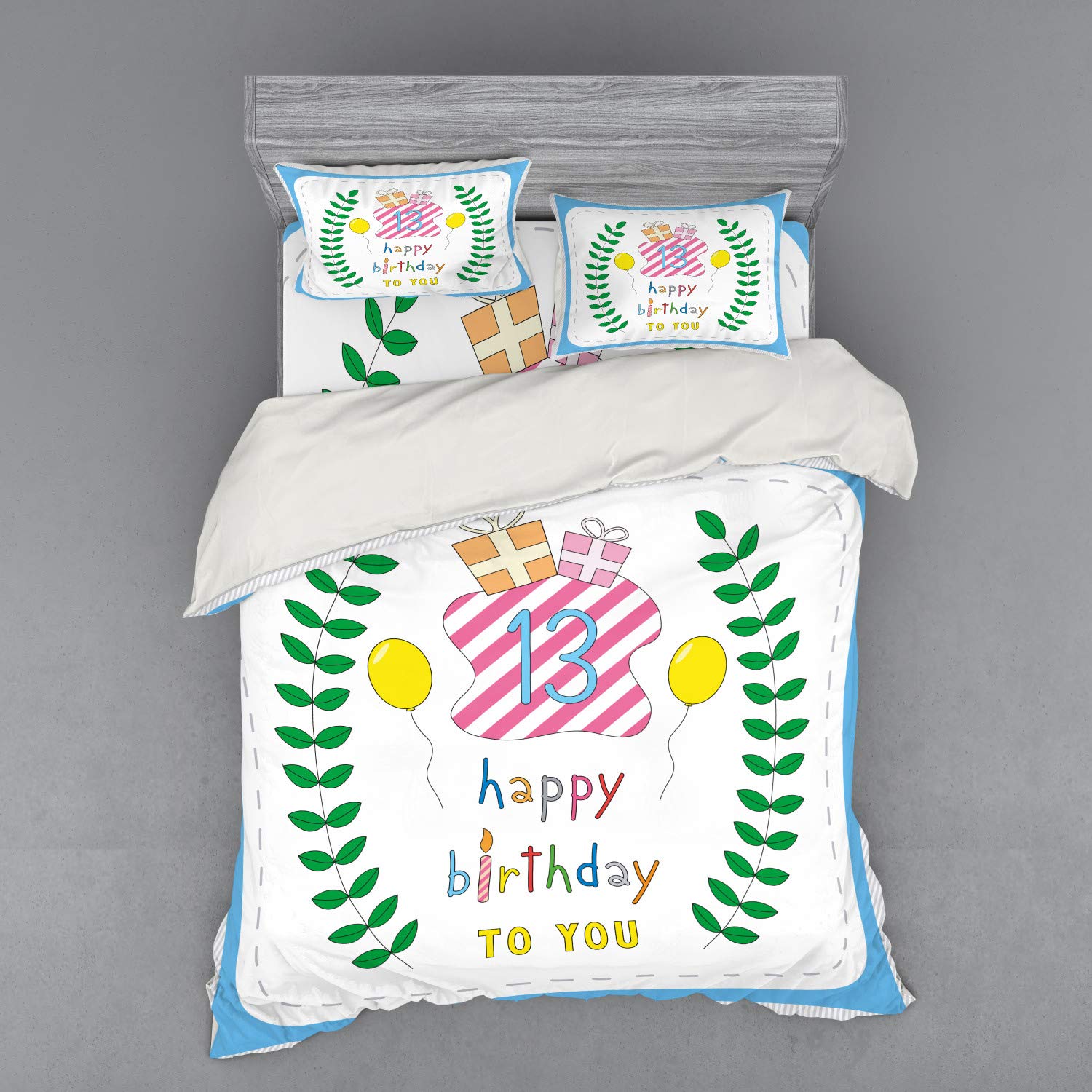 Ambesonne 13th Birthday Duvet Cover Set - Pastel Hand-Drawn Leaves, Balloons & Gifts, 4-Piece Queen Size Bedding Set with Shams & Fitted Sheet | Perfect for Teen Bedrooms, Birthday Gifts & Room Decor