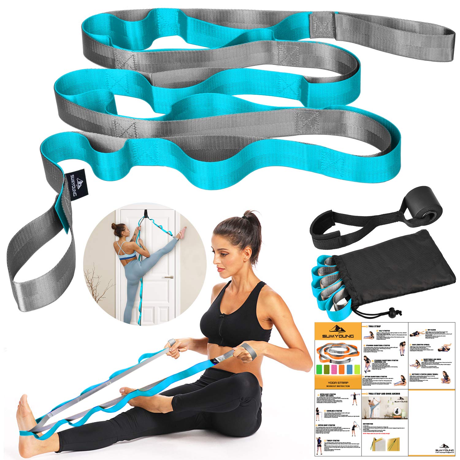SUMYOUNG Premium Yoga Stretching Strap with 12 Loops - Extra Thick Nonelastic Exercise Band for Yoga, Pilates, Physical Therapy, Dance & Gymnastics - Includes Travel Bag & Door Anchor - Perfect for Home Workouts, Gym Training & Rehabilitation