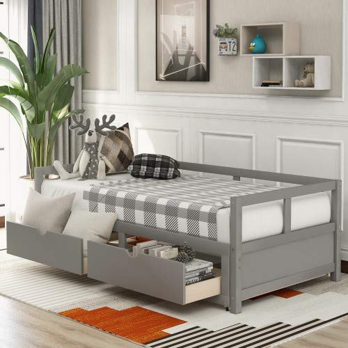 **Merai Wooden Daybed Frame with Grey Drawer - No Box Spring Needed - Perfect for Guest Rooms, Dormitories & Small Spaces**