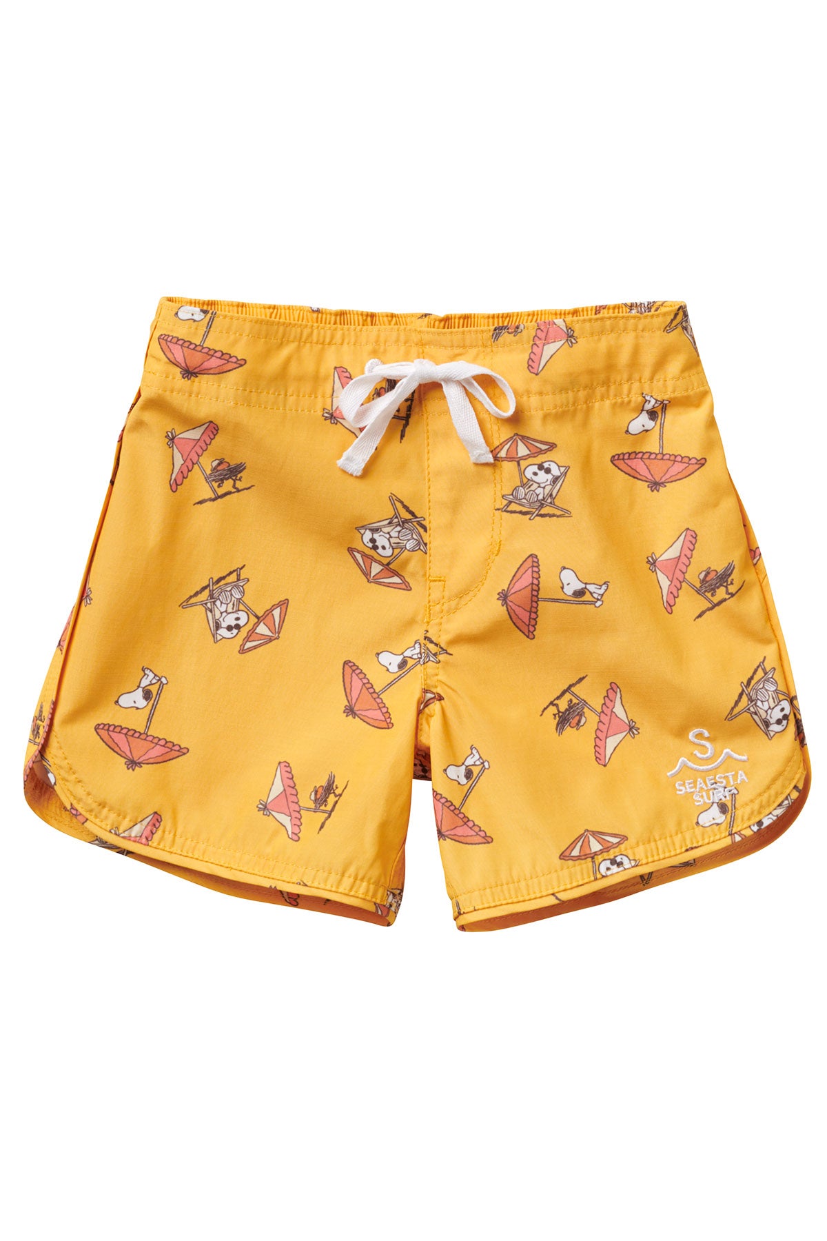 Seaesta Surf x Peanuts® Snoopy Printed Swim Trunks for Men - Mustard Yellow Quick Dry Beach Shorts for Surfing, Swimming & Summer Vacation