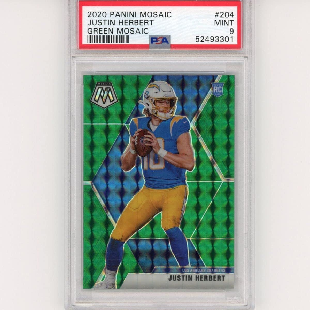 2020 Panini Mosaic Justin Herbert #204 Green Rookie RC Football Card PSA 9 Mint - Rare Collectible for Sports Memorabilia Enthusiasts & Investment - Perfect for Display, Trading, and Gift Giving