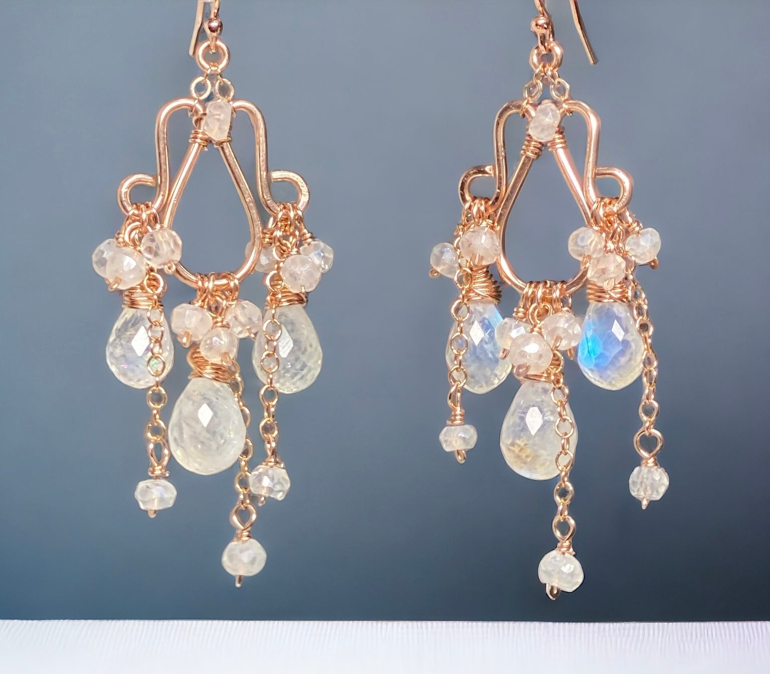 Rainbow Moonstone Rose Gold Chandelier Earrings | Boho Bridal Wedding Jewelry | Perfect for Bridesmaids, Beach Weddings & Special Occasions