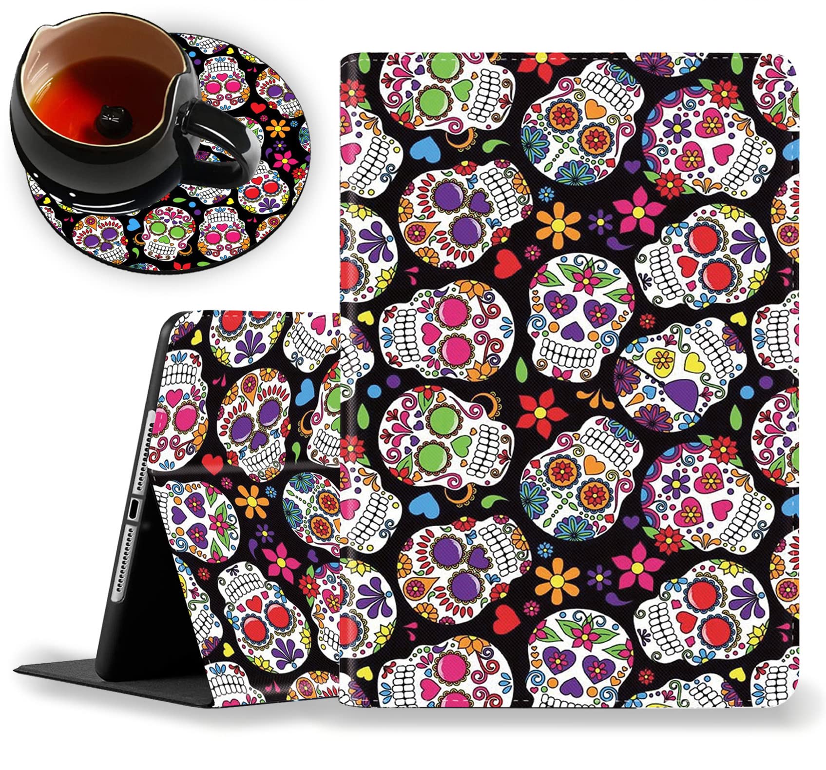 Premium iPad 9.7 Inch Case (5th/6th Gen 2017/2018) & iPad Air 2/Air Protective Cover with Auto Sleep/Wake | Sugar Skull Floral Design | Includes Coasters Set | Perfect for Work, Travel & Home Use