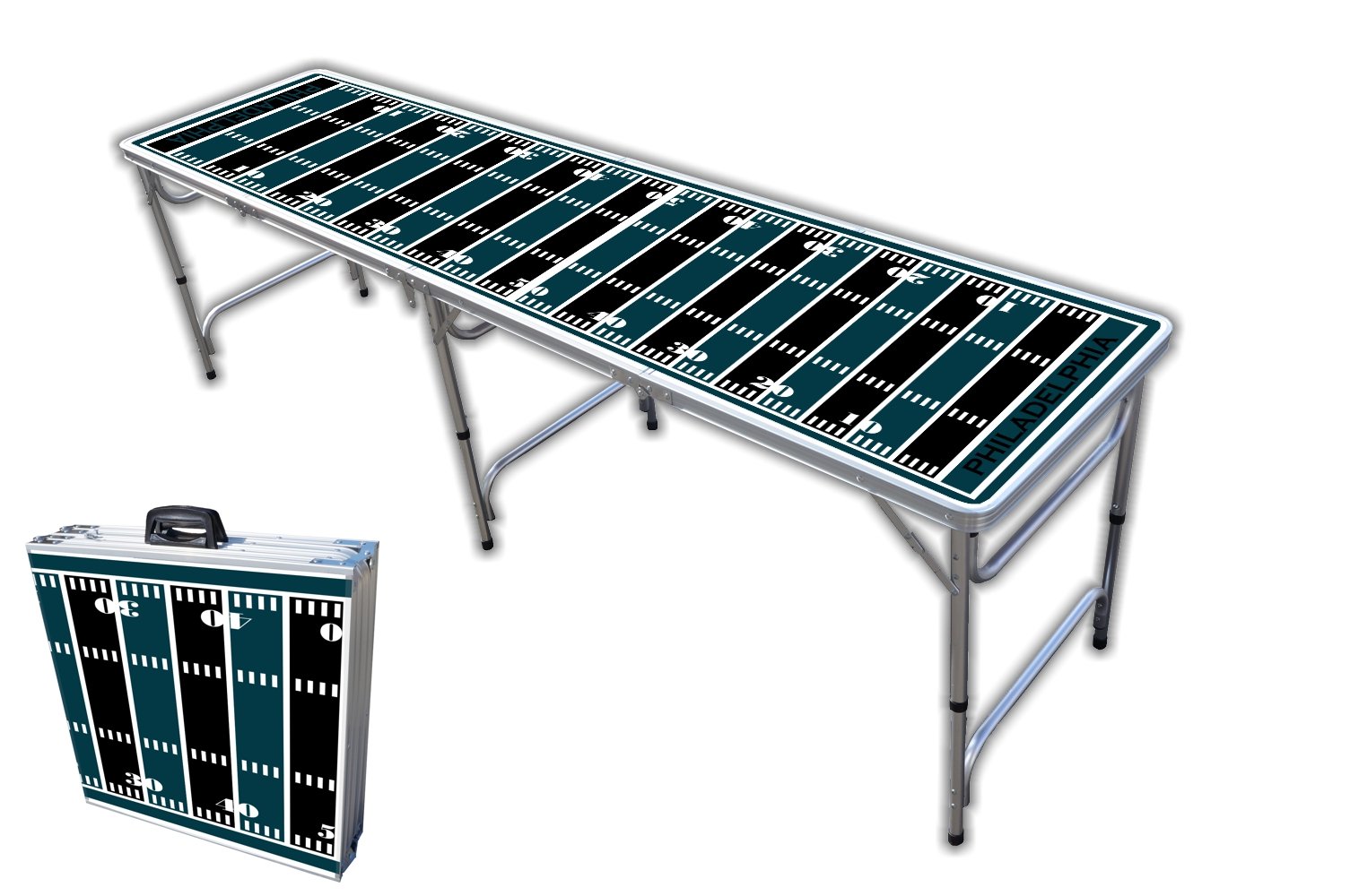 8-Foot Professional Beer Pong Table with Optional Cup Holes - Philadelphia Eagles Football Field Design for Parties, Tailgating & College Events