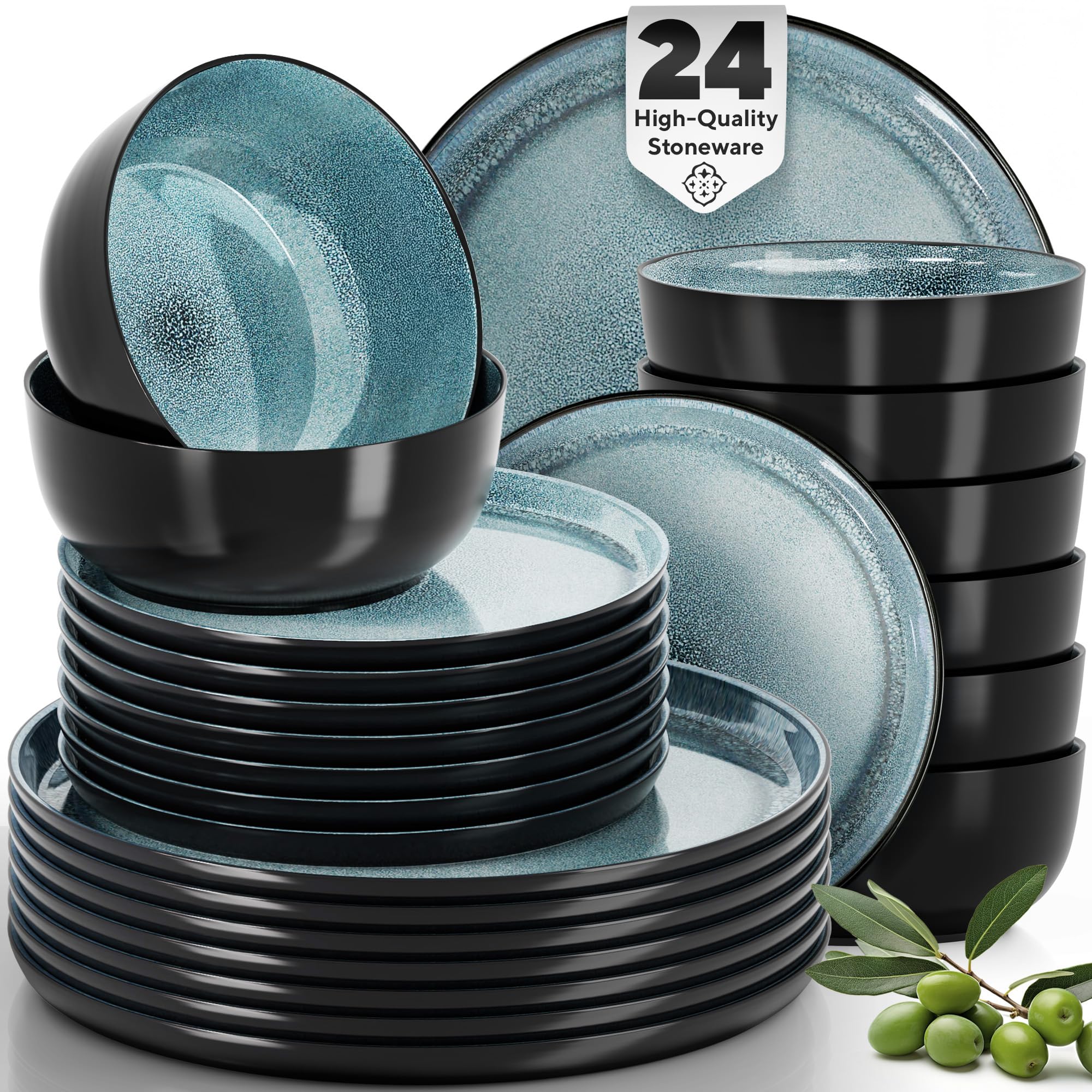 24-Piece Modern Stoneware Dinnerware Set for 8 - Scratch Resistant & Dishwasher Safe Plates & Bowls - Black & Petrol Blue Ceramic Tableware - Perfect for Family Dinners, Parties, and Everyday Use